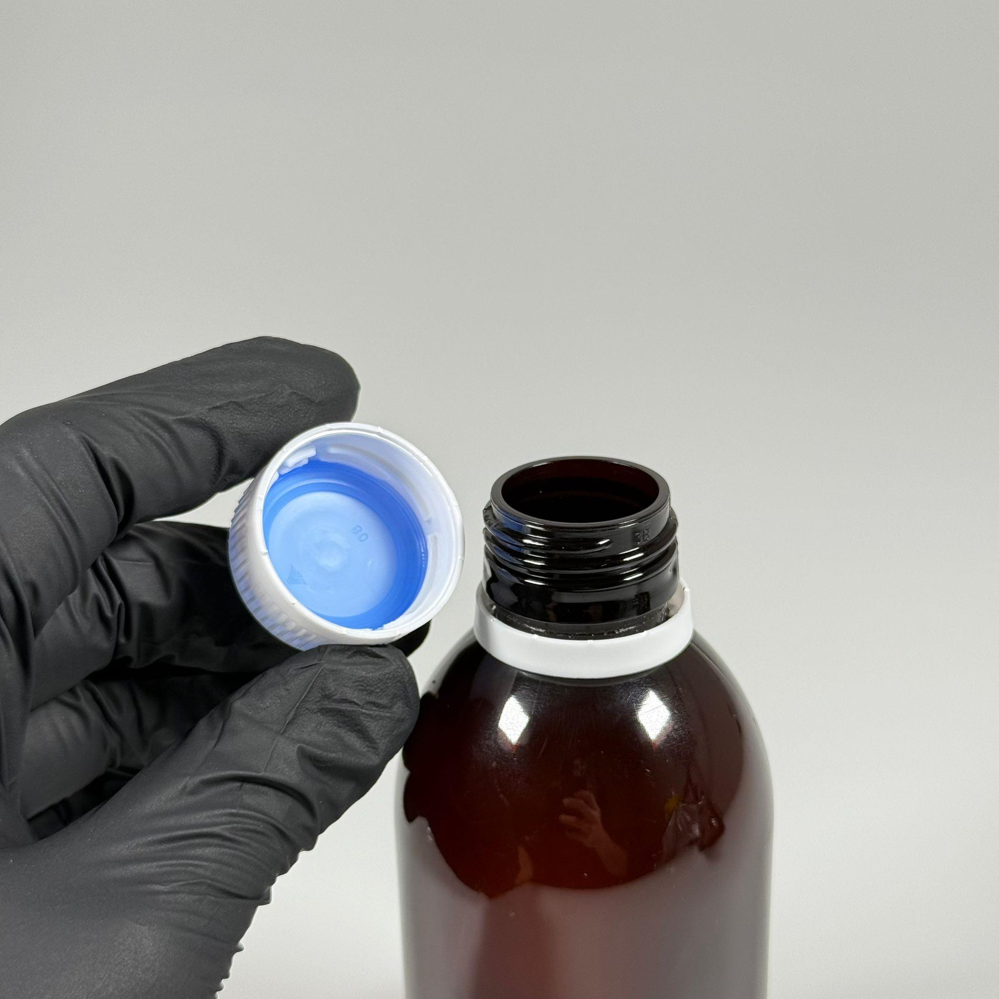 200 CC AMBER PET ECZA ŞİŞESİ - BEYAZ KİLİTLİ CONTALI KAPAKLI  - 200 ML KAHVERENGİ PLASTİK ŞURUP ŞİŞESİ (21 GR)