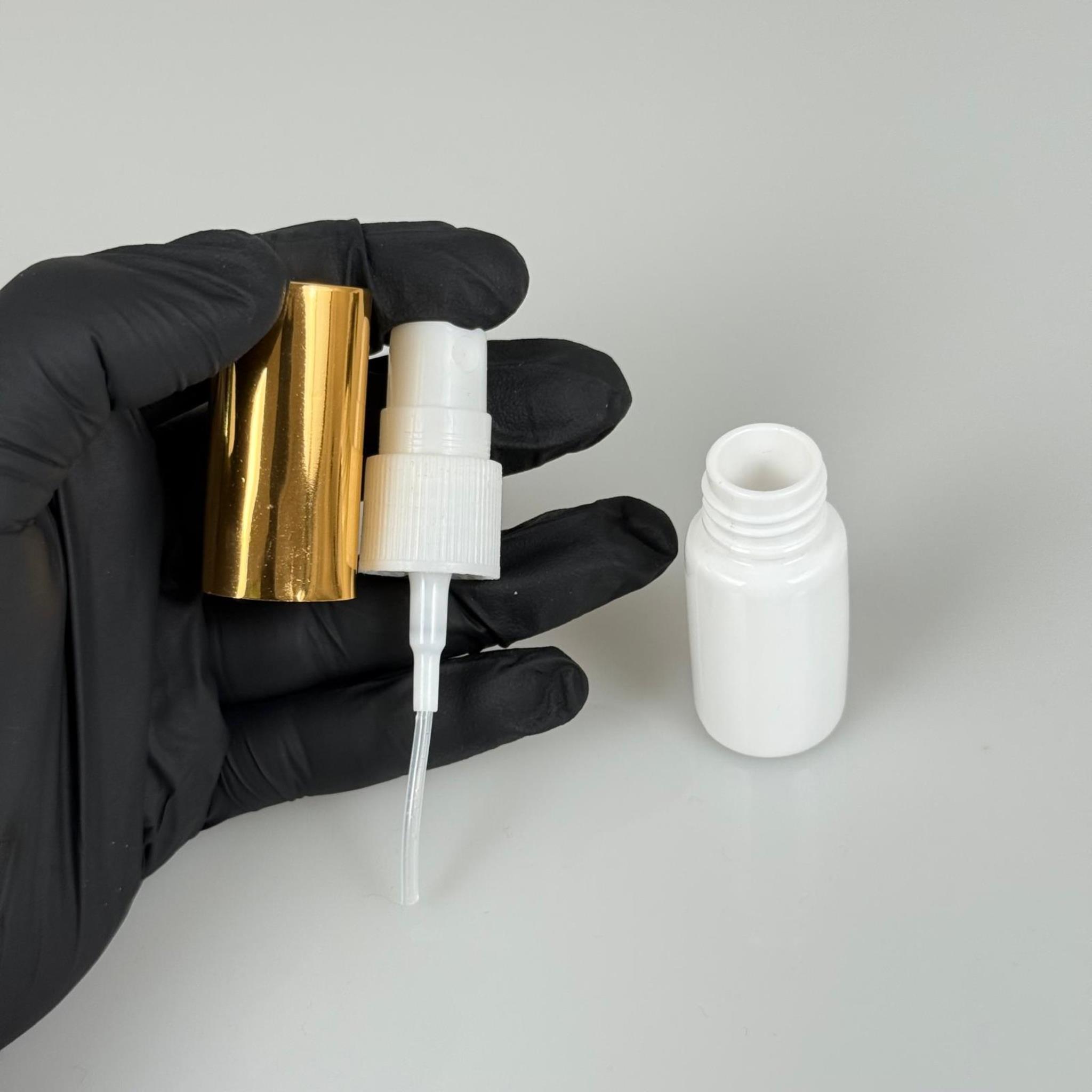 10 ML PET KOLONYA, PARFÜM VB ŞİŞELERİ - METAL ALÜMİNYUM GOLD KAPAK + VİDALI SPREY + 10 CC BEYAZ SHOT ŞİŞE SET TAKIM