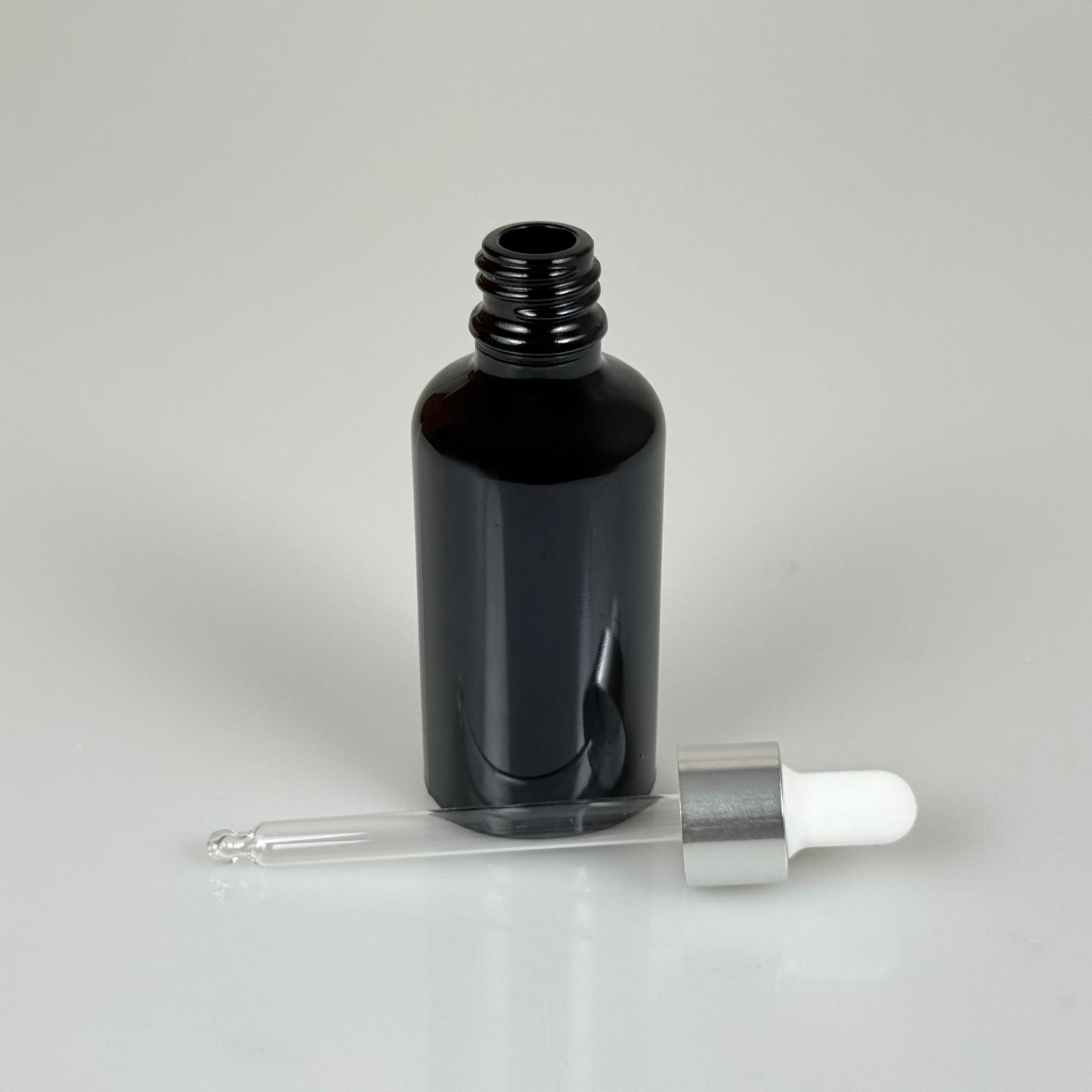 50 CC SİYAH CAM DAMLALIKLI ŞİŞE - BEYAZ EMZİK - GÜMÜŞ METALİK KAPAK - 50 ML SİYAH CAM DAMLALIKLI ŞİŞE