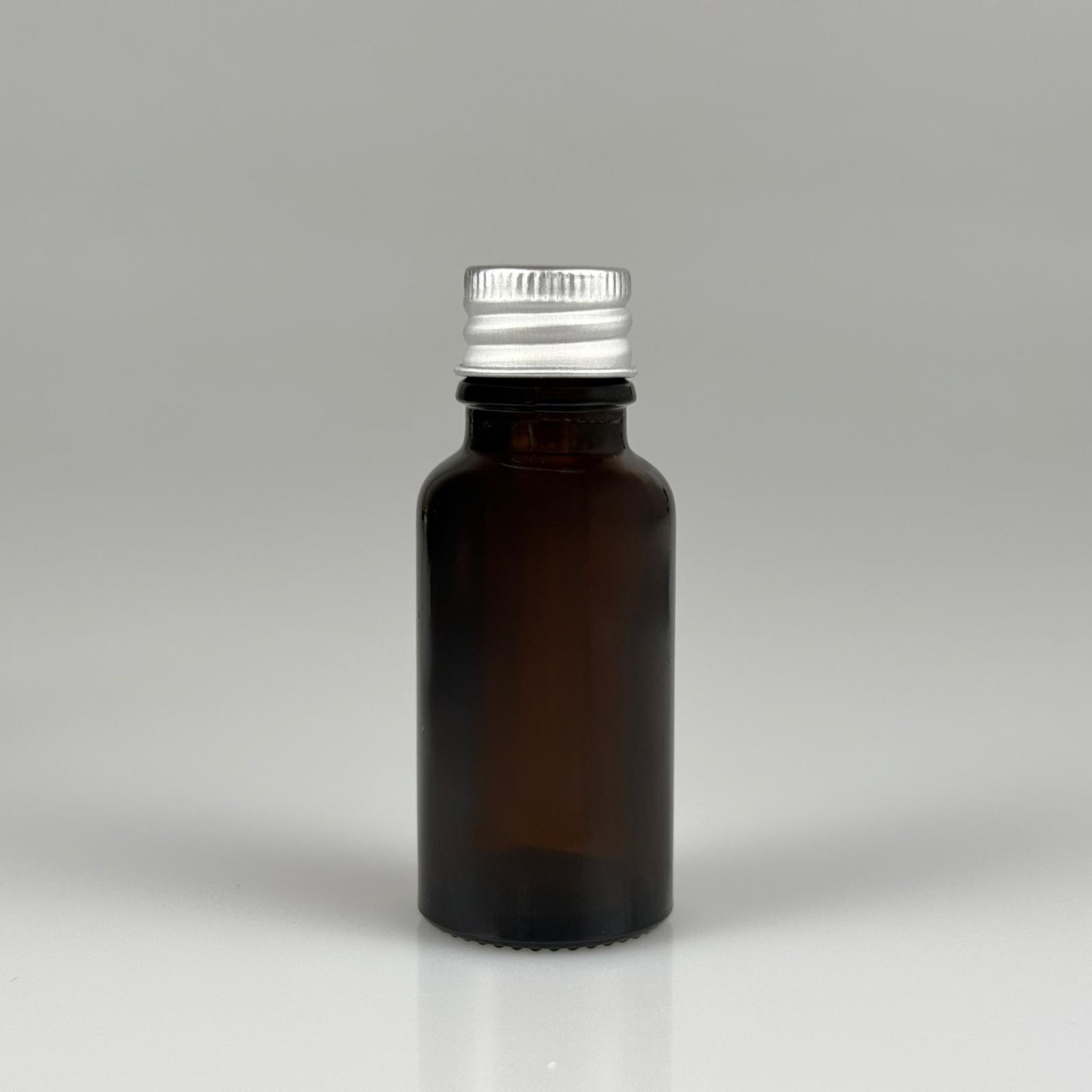 20 CC AMBER CAM ŞİŞE + KÖPÜK CONTALI GÜMÜŞ ALÜMİNYUM METAL KAPAKLI TAKIM - 20 ML KAHVERENGİ CAM ŞİŞE
