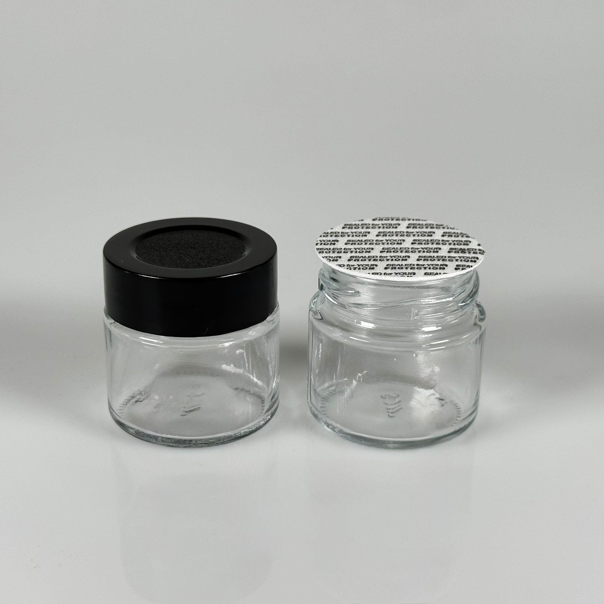 41 CC SİLİNDİR CAM KAVANOZ - SİYAH PLASTİK DERİN ÜSTÜ KUMLAMA KAPAKLI + KENDİNDEN YAPIŞKANLI KÖPÜK CONTALI - 41 ML MİNİ KREM  CAM KAVANOZLARI