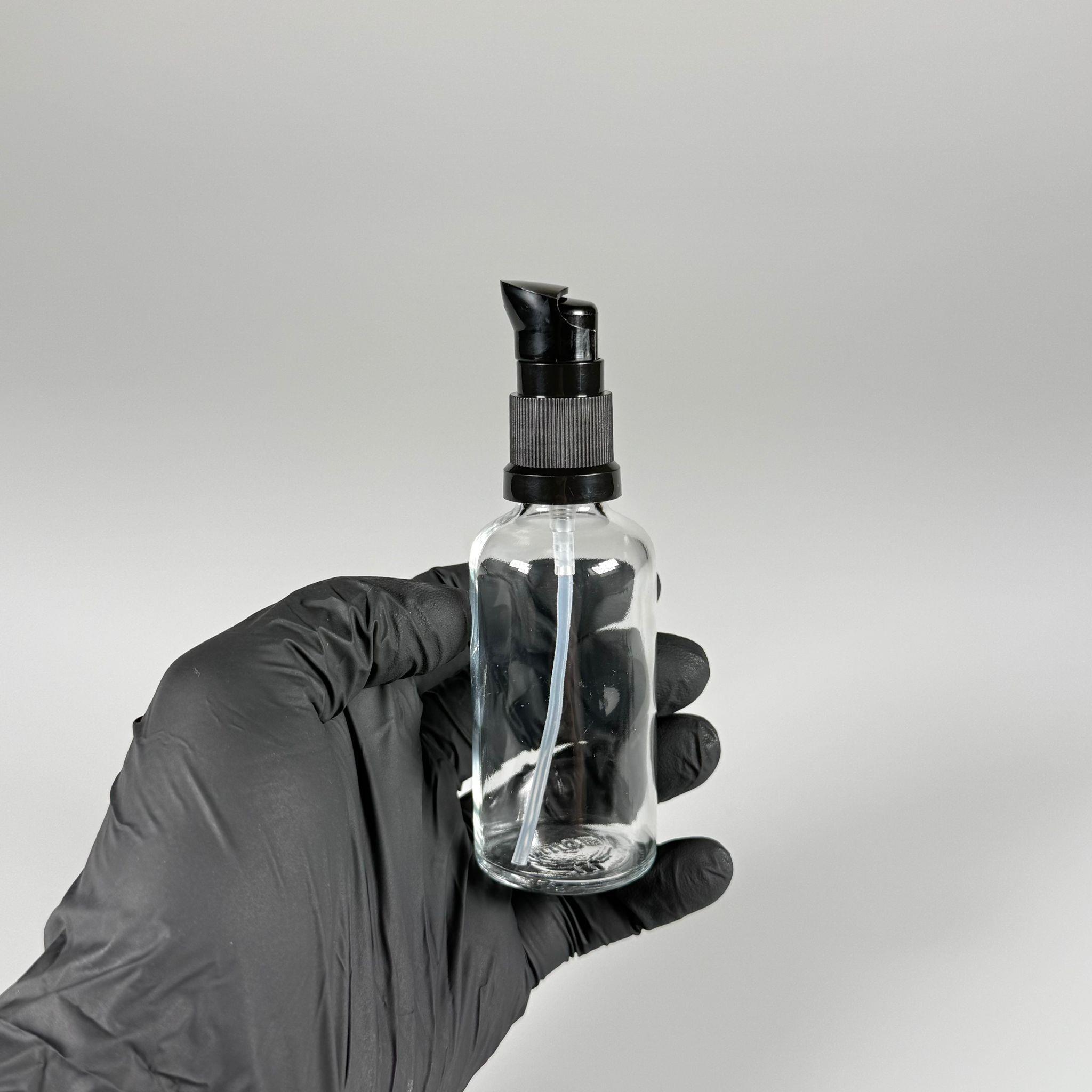 50 CC ŞEFFAF CAM ŞİŞE - SIZDIRMAZ ETEKLİ SİYAH LOSYON POMPALI TAKIM - 50 ML LOSYON ŞİŞESİ - YAĞ, KREM GİBİ YOĞUN KIVAMLI SIVILAR İÇİN CAM AMBALAJ