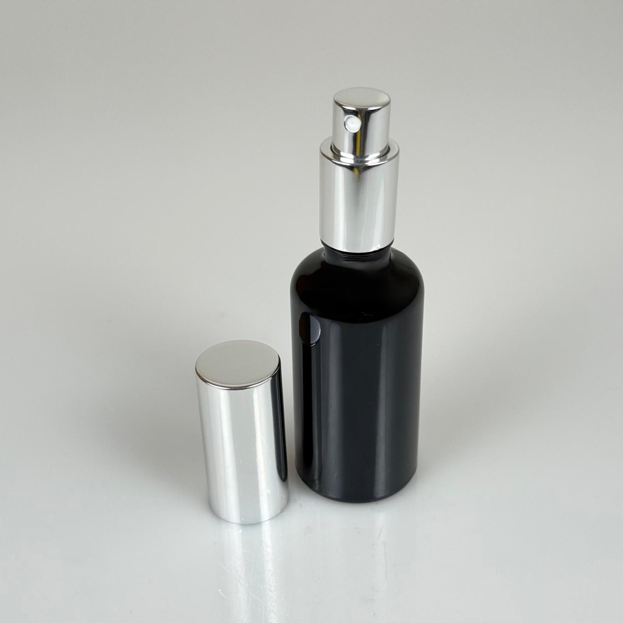 50 ML LÜKS VİDALI VALF ÇEVİRME PARFÜM ŞİŞELERİ - 50 CC SİYAH CAM ŞİŞE - GÜMÜŞ METAL SPREYLİ KAPAKLI SET