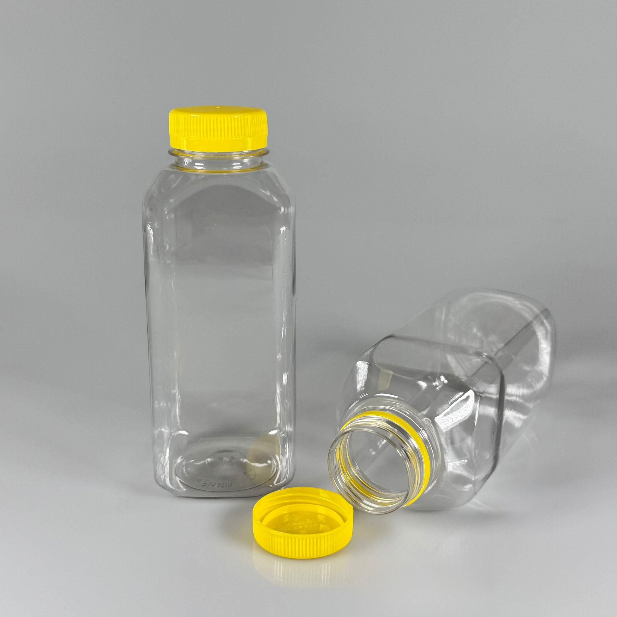 500 CC KÖŞELİ KARE PET ŞİŞE (28 GR) - 38 MM GENİŞ AĞIZLI SARI KİLİTLİ KAPAKLI - 500 ML DETOX, MEYVE SUYU, SMOOTHIE, AYRAN, SÜT, MEŞRUBAT VB İÇİN BOŞ PLASTİK ŞİŞELER