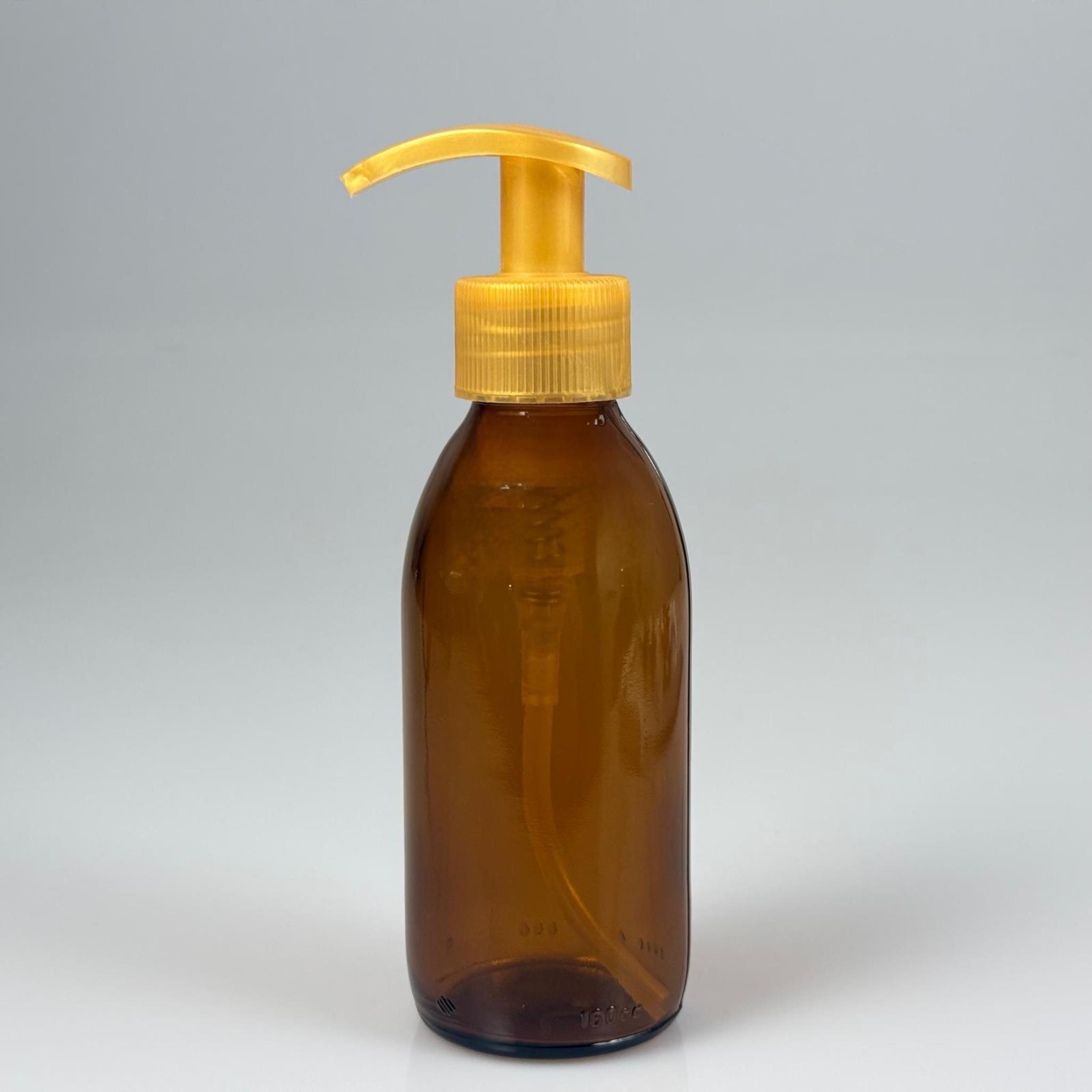 160 CC AMBER CAM ŞİŞE  - GOLD PLASTİK SIVI SABUN POMPALI TAKIM - 160 ML CAM SIVI LOSYON, YAĞ ŞİŞELERİ