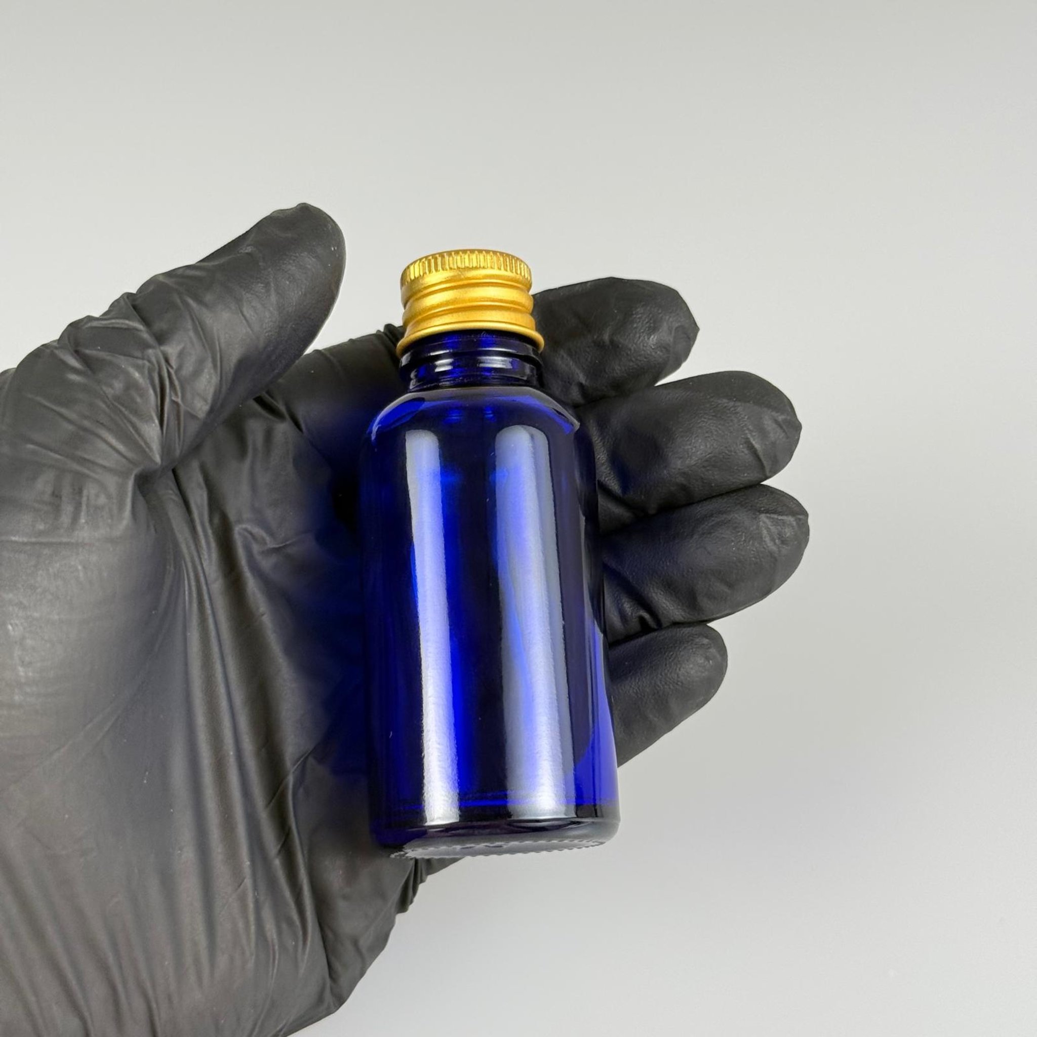 30 CC MAVİ CAM ŞİŞE + KÖPÜK CONTALI GOLD ALÜMİNYUM METAL KAPAKLI + KÖR TIPALI TAKIM - 30 ML MAVİ CAM ŞİŞE