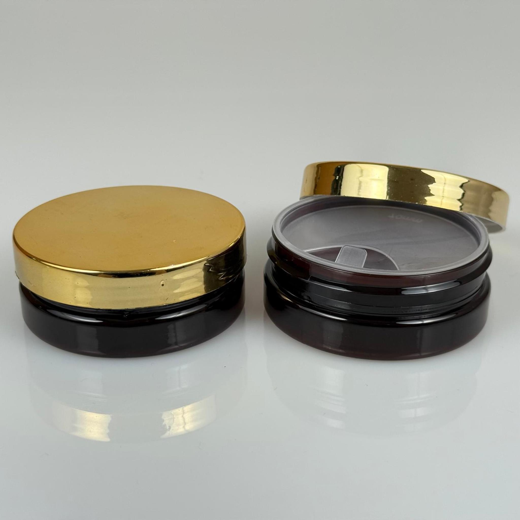 50 ML SERT PET KAVANOZ + GOLD KAPLAMALI PLASTİK KAPAK + İÇ TIPA - 50 CC KALIN AMBER PLASTİK KAVANOZ GOLD KAPLAMALI PLASTİK KAPAKLI İÇ TIPALI TAKIM - KREM KAVANOZLARI