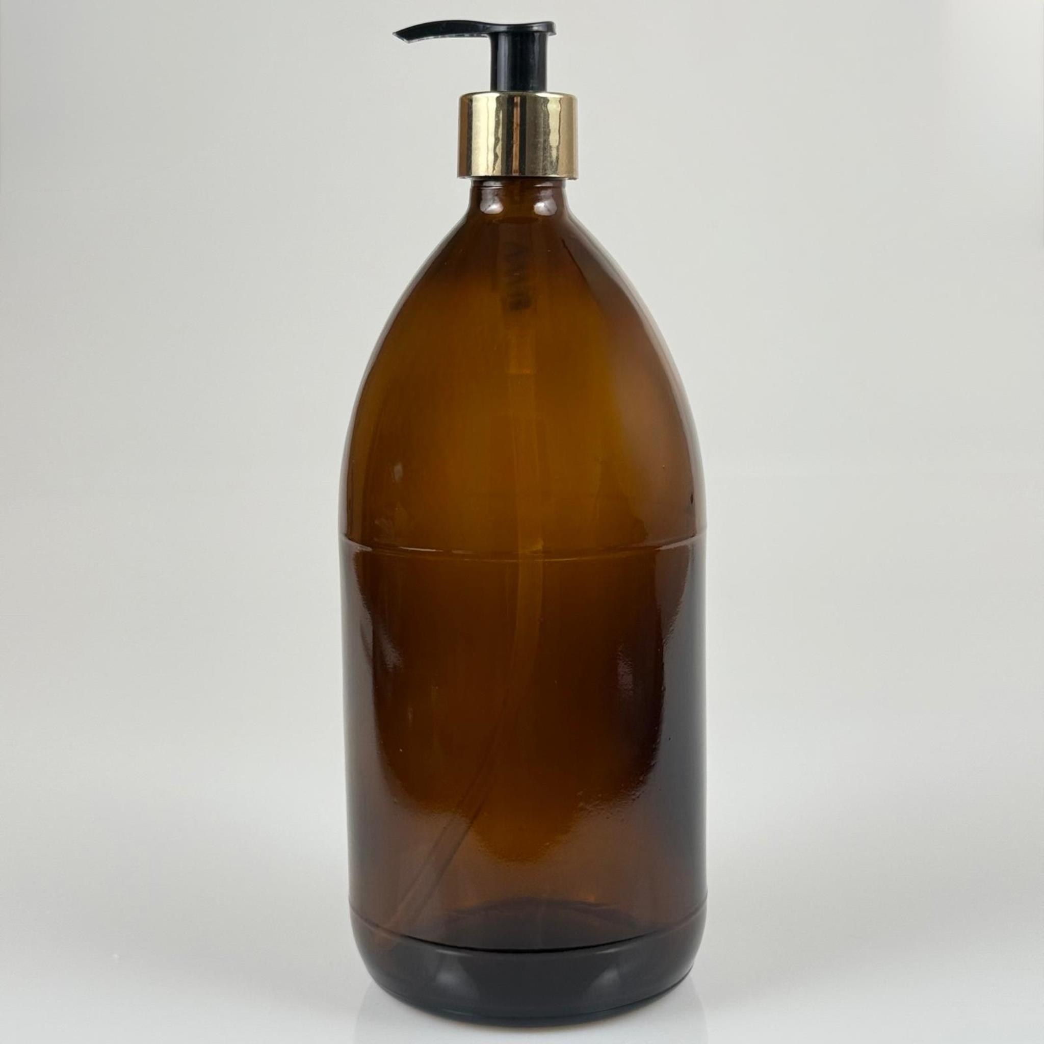 1000 CC AMBER TOMBUL ÖZEL SERİ CAM ŞİŞE - GOLD METAL KAPLAMALI POMPALI - 1000 ML CAM ECZA ŞİŞESİ - KAHVERENGİ