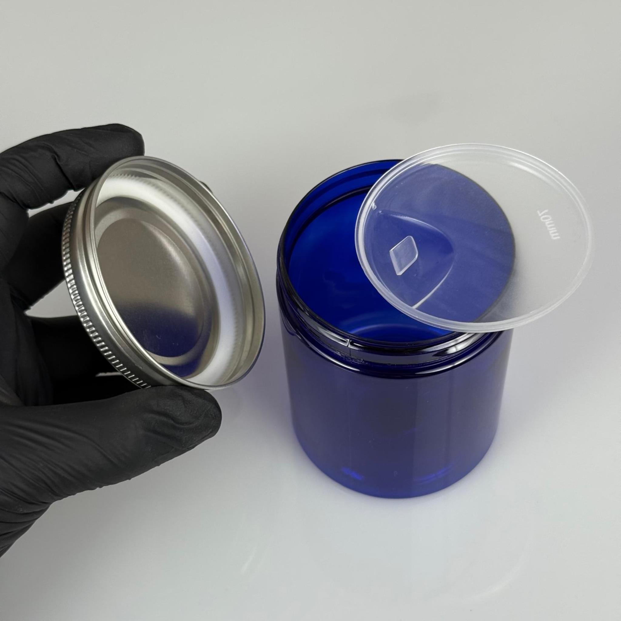300 ML SERT PET KAVANOZ + GÜMÜŞ METAL KAPAK + İÇ TIPA - 300 CC KALIN MAVİ PLASTİK KAVANOZ GÜMÜŞ METAL KAPAKLI İÇ TIPALI TAKIM - KREM KAVANOZLARI