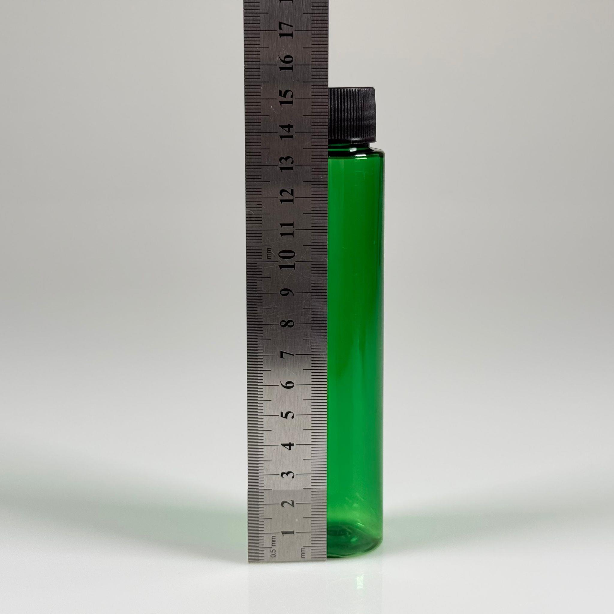 100 CC UZUN SİLİNDİR YEŞİL PET ŞİŞE (24 GR)  - SİYAH KAPAKLI KOLONYA TIPALI - 100 ML BİBERİYE SUYU, LAVANTA YAĞI, SAÇ SERUM, TONİK VB İÇİN PLASTİK KOZMETİK AMBALAJLARI