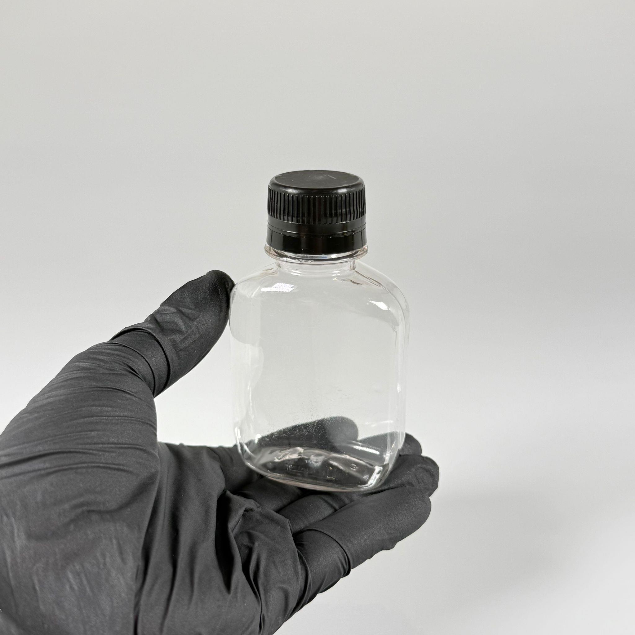 100 CC YASSI PET ŞİŞE - SİYAH KİLİTLİ KAPAKLI - 100 ML PET ŞİŞE KALIN (15 GR) - KAPAK MÜHÜRLENİR, NUMUNE İÇİN KULLANILABİLİR, SIZDIRMAZ