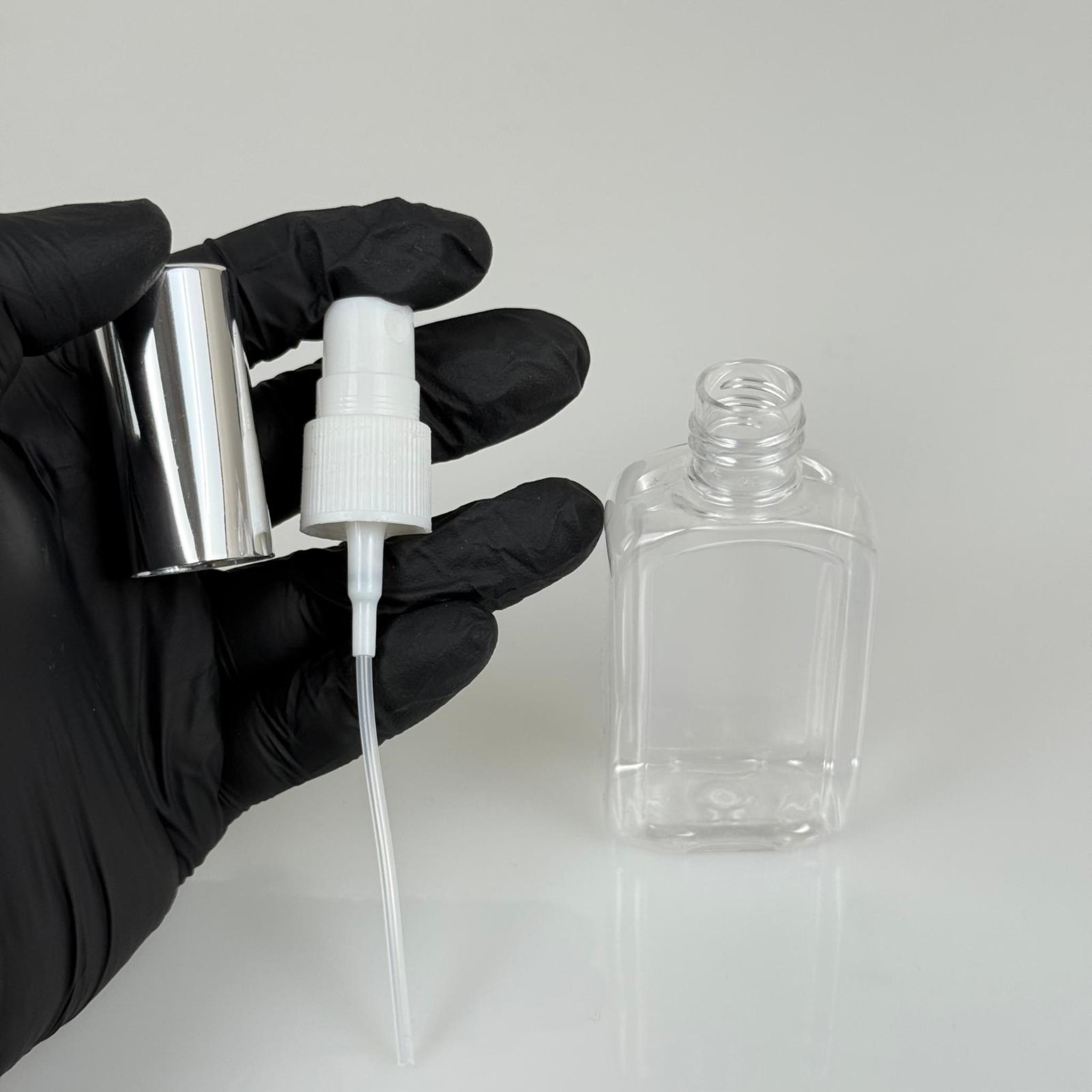 50 ML PET KOLONYA, PARFÜM VB ŞİŞELERİ - METAL ALÜMİNYUM GÜMÜŞ KAPAK + VİDALI SPREY + 50 CC KÖŞELİ YASSI ŞİŞE SET TAKIM