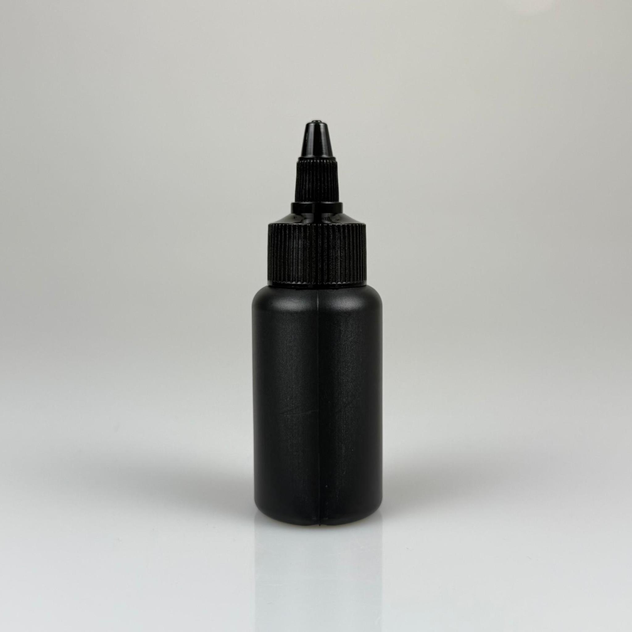 YAĞ, SOS, ACI SOS, SİRKE, SRIRACHA, MÜREKKEP, TUTKAL AKITICI VB BOŞ ŞİŞELERİ - SİYAH SİVRİ TWİST AKITICI KAPAK + 50 ML SİYAH POLİETİLEN PLASTİK ŞİŞE TAKIM