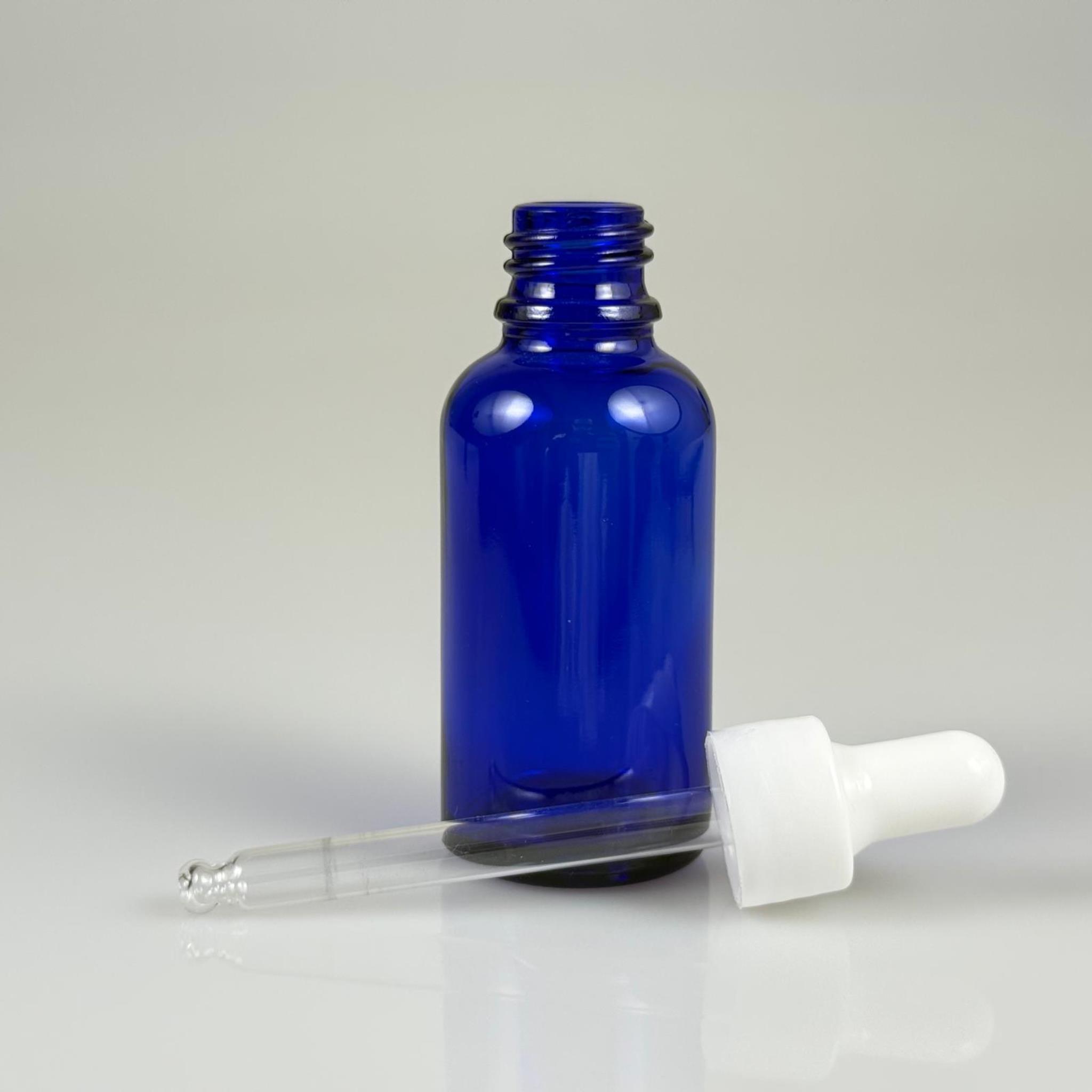 30 CC MAVİ CAM DAMLALIKLI ŞİŞE - BEYAZ EMZİK + BEYAZ DÜZ KAPAK + CAM PİPET TAKIM - 30 ML DAMLALIKLI ŞİŞE SETİ