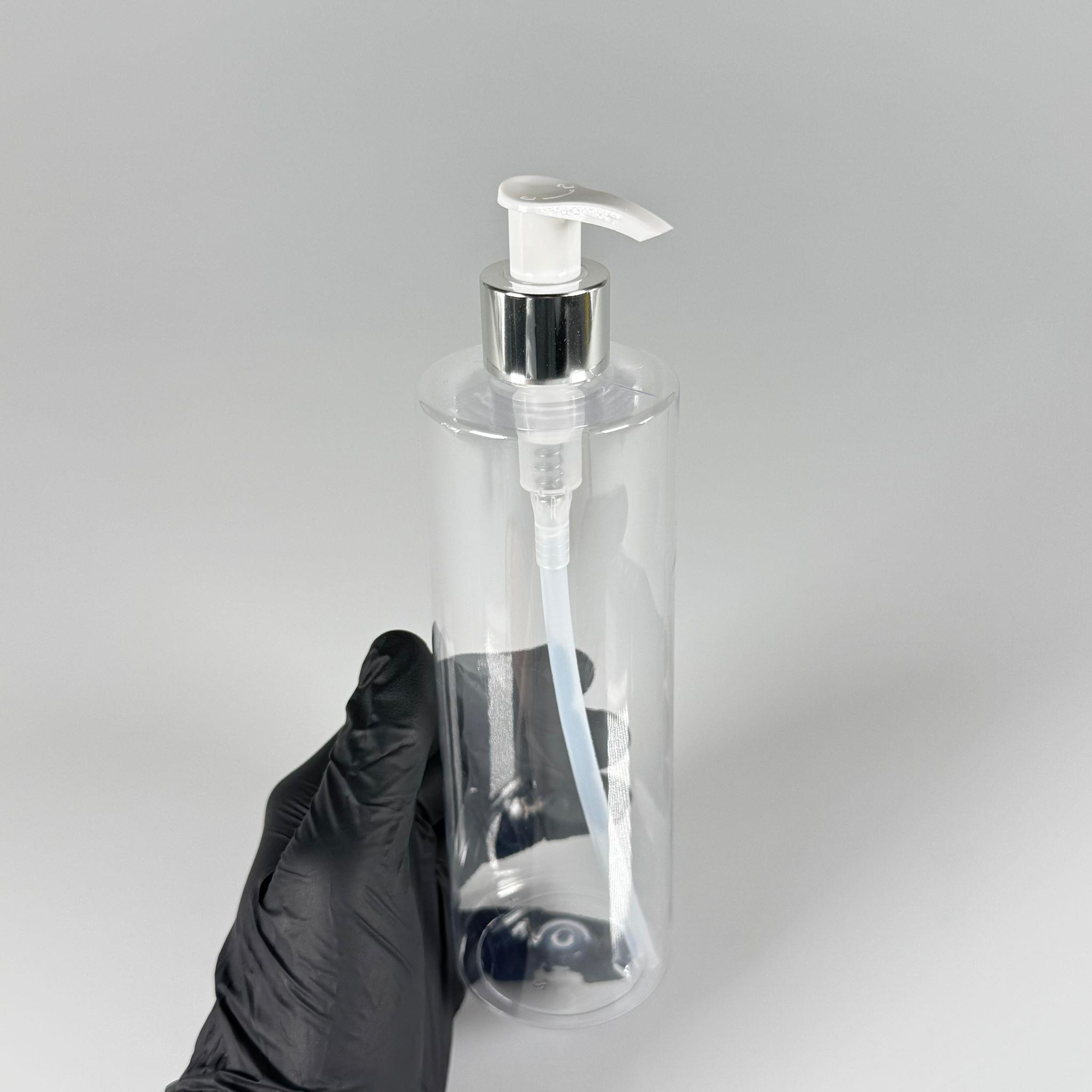 400 CC KÜT BOYUNLU SİLİNDİR PET ŞİŞE (30 GR) - GÜMÜŞ SIVI SABUN POMPALI - 400 ML PLASTİK ŞİŞE - ŞEFFAF