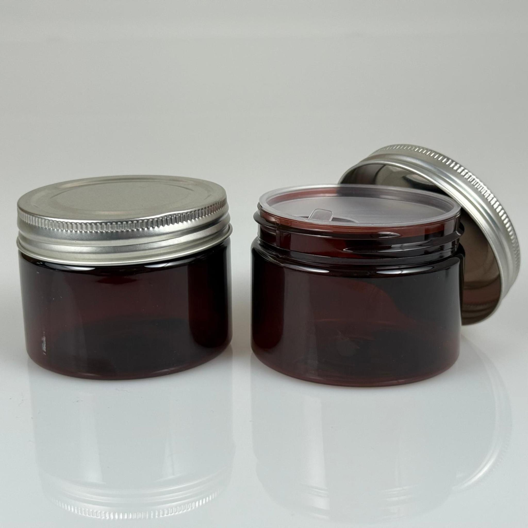 150 ML SERT PET KAVANOZ + GÜMÜŞ METAL KAPAK + İÇ TIPA - 150 CC KALIN AMBER PLASTİK KAVANOZ GÜMÜŞ METAL KAPAKLI İÇ TIPALI TAKIM - KREM KAVANOZLARI