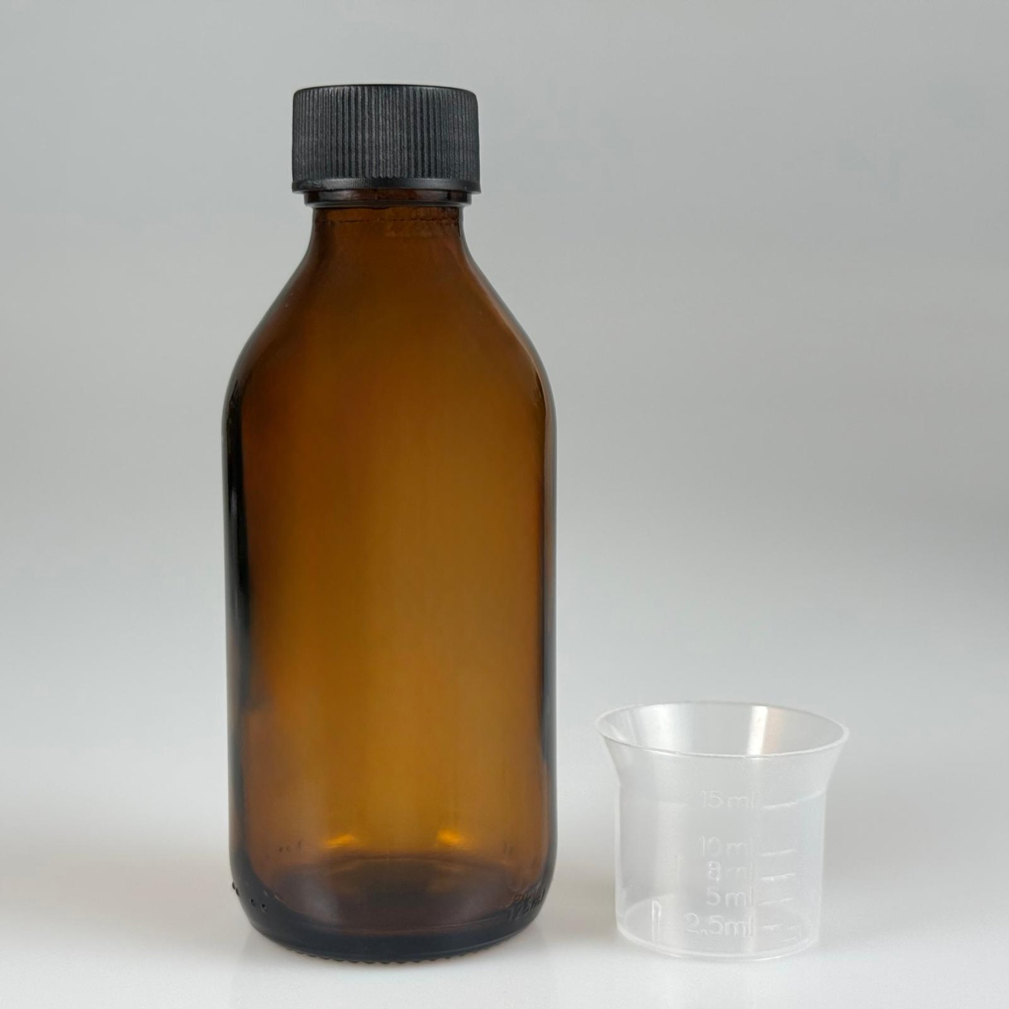 125 CC AMBER CAM ŞİŞE + SİYAH PLASTİK KAPAKL + 15 ML ÖLÇEK TAKIM - 125 ML KAHVERENGİ BOŞ ŞURUP ŞİŞESİ (AĞIZ ÇAPI 25 MM) - 125 ML ECZA ŞİŞESİ