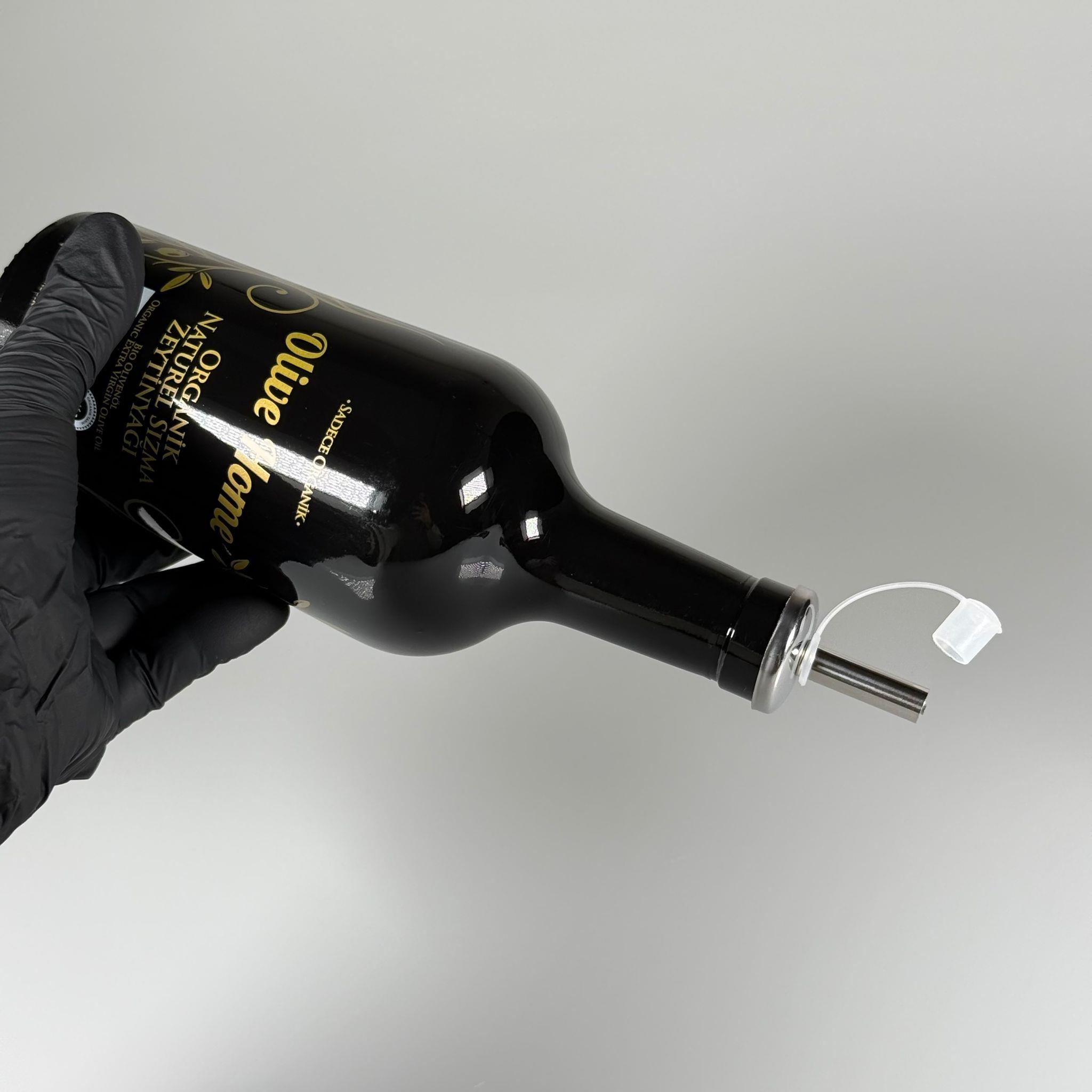 500 CC SİYAH OLİVE YAZI CAM ZEYTİNYAĞ ŞİŞESİ - ÇELİK KAPAKLI YAĞDANLIK TIPALI YAĞ AKITICILI - 500 ML YAĞDANLIK BASKILI CAM ŞİŞE