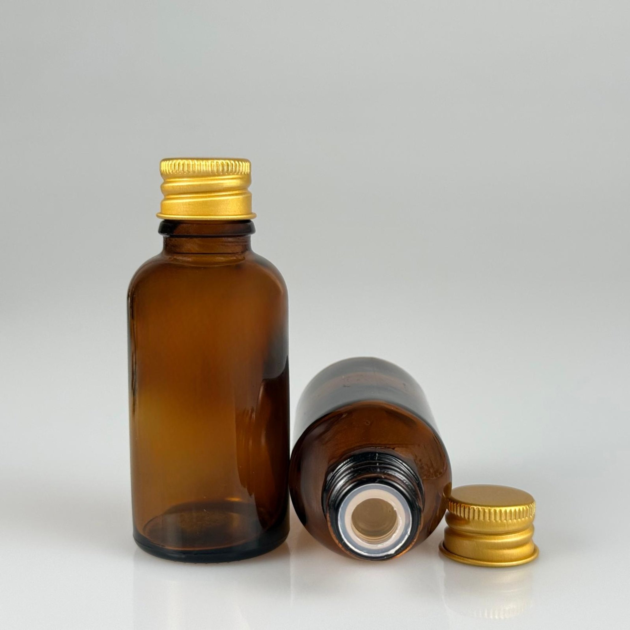 30 CC AMBER CAM ŞİŞE + KÖPÜK CONTALI GOLD ALÜMİNYUM METAL KAPAKLI + KÖR TIPALI TAKIM - 30 ML KAHVERENGİ CAM ŞİŞE