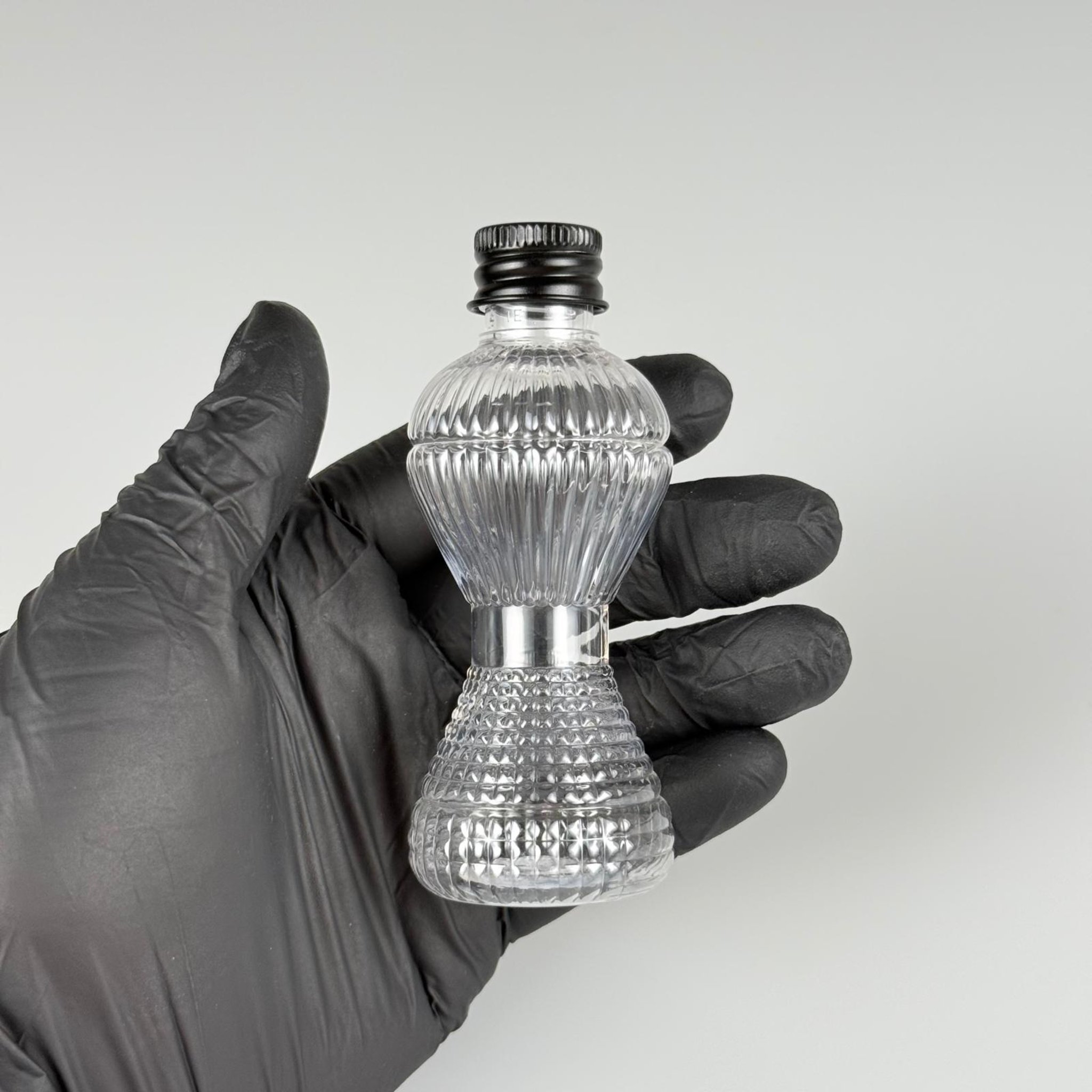 50 CC MİNİ PIRLANTA ŞİŞE + KÖPÜK CONTALI SİYAH ALÜMİNYUM METAL KAPAKLI TAKIM - 50 ML PLASTİK CAMPET ŞİŞE