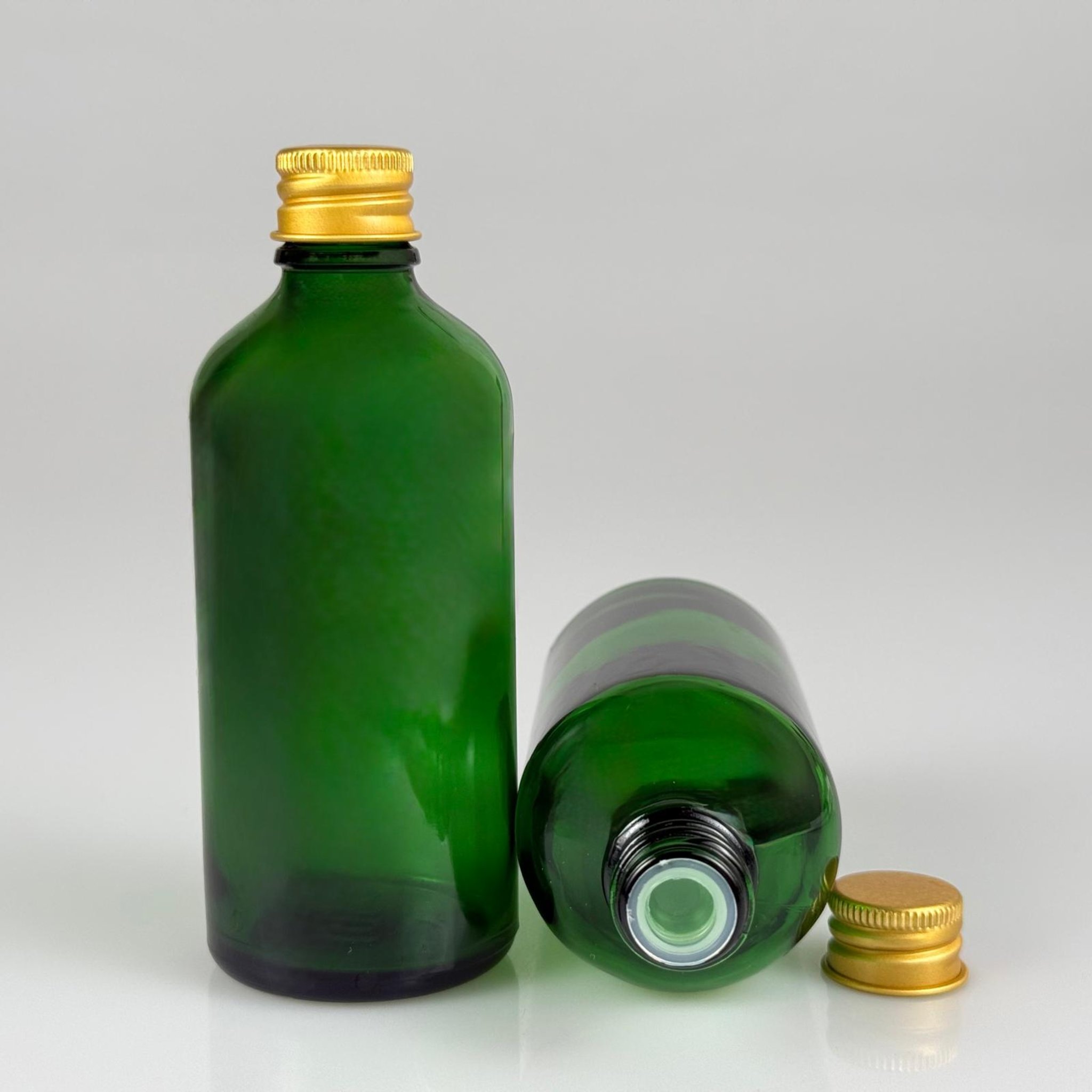 100 CC YEŞİL CAM ŞİŞE + KÖPÜK CONTALI GOLD ALÜMİNYUM METAL KAPAKLI + KÖR TIPALI TAKIM - 100 ML YEŞİL CAM ŞİŞE
