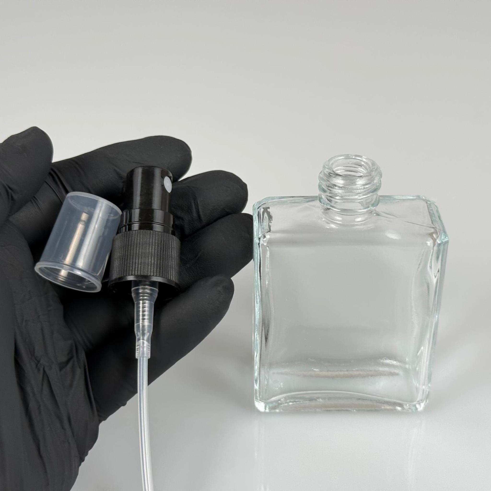 40 CC YASSI DİKDÖRTGEN KISA CAM ŞİŞE - SİYAH SPREYLİ PARFÜM KOLONYA ŞİŞESİ TAKIM - 40 ML PRESTİJLİ ŞİŞE