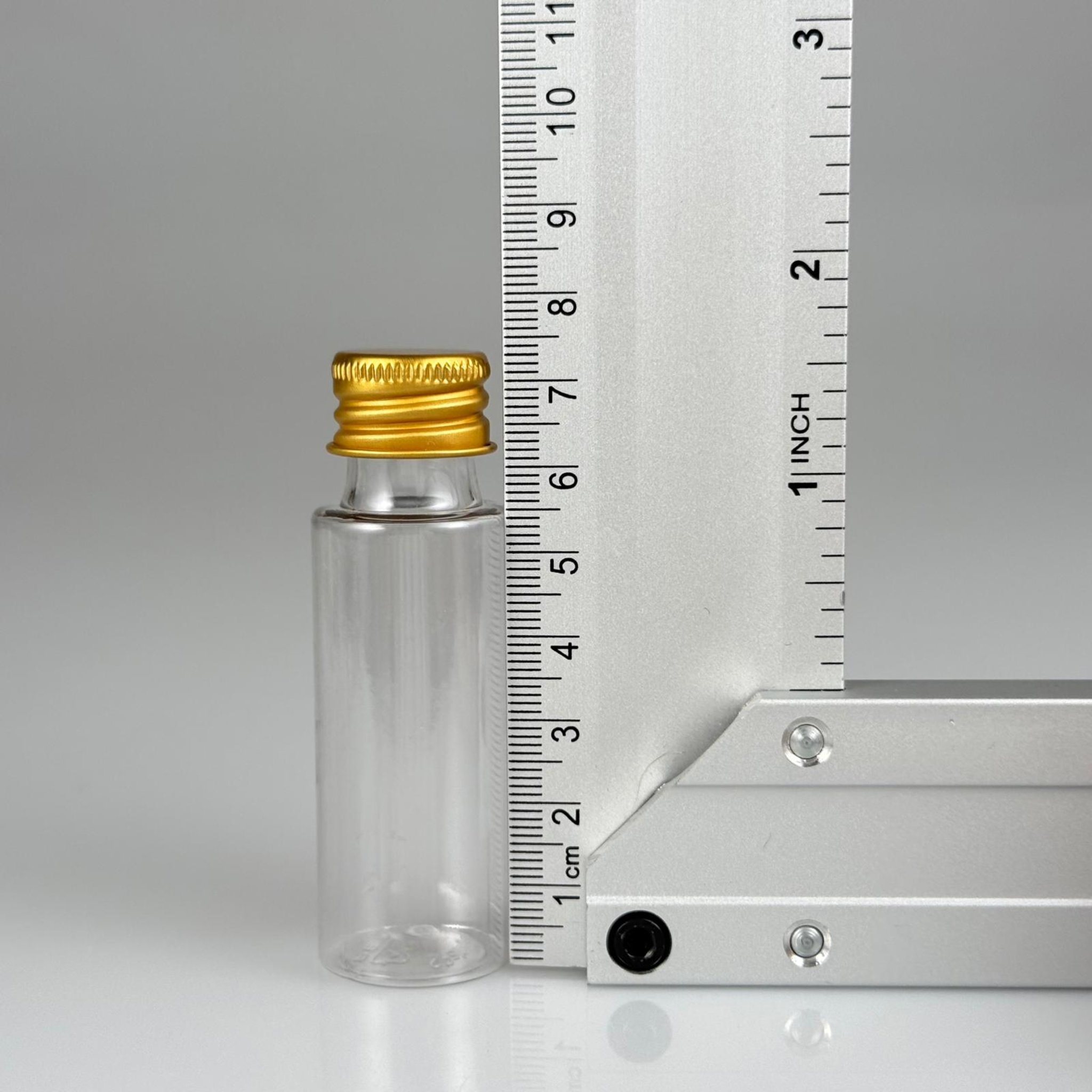 20 CC ŞEFFAF PET ŞİŞE + KÖPÜK CONTALI GOLD ALÜMİNYUM METAL KAPAKLI TAKIM - 20 ML PLASTİK ŞİŞE