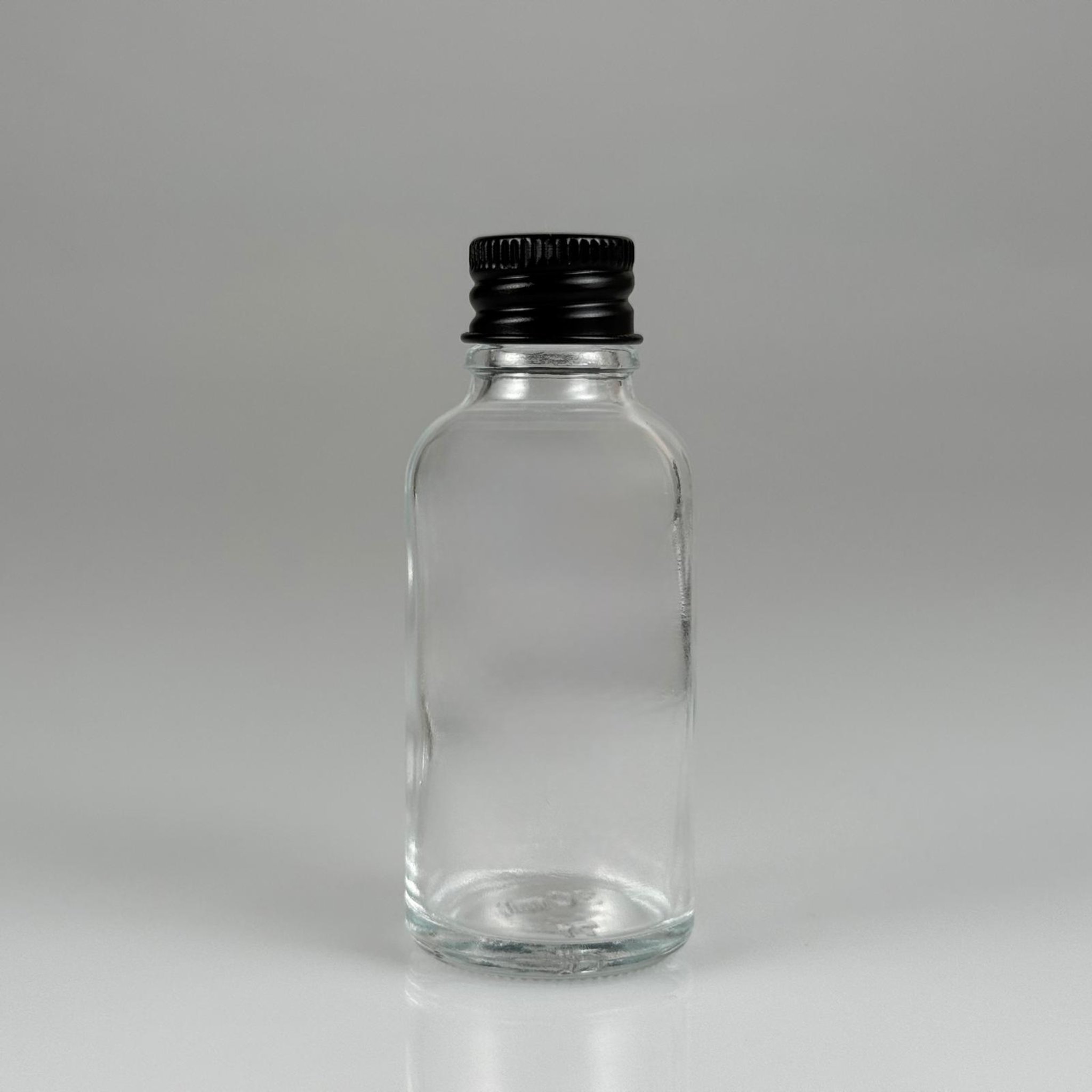 30 CC ŞEFFAF CAM ŞİŞE + KÖPÜK CONTALI SİYAH ALÜMİNYUM METAL KAPAKLI TAKIM - 30 ML ŞEFFAF CAM ŞİŞE