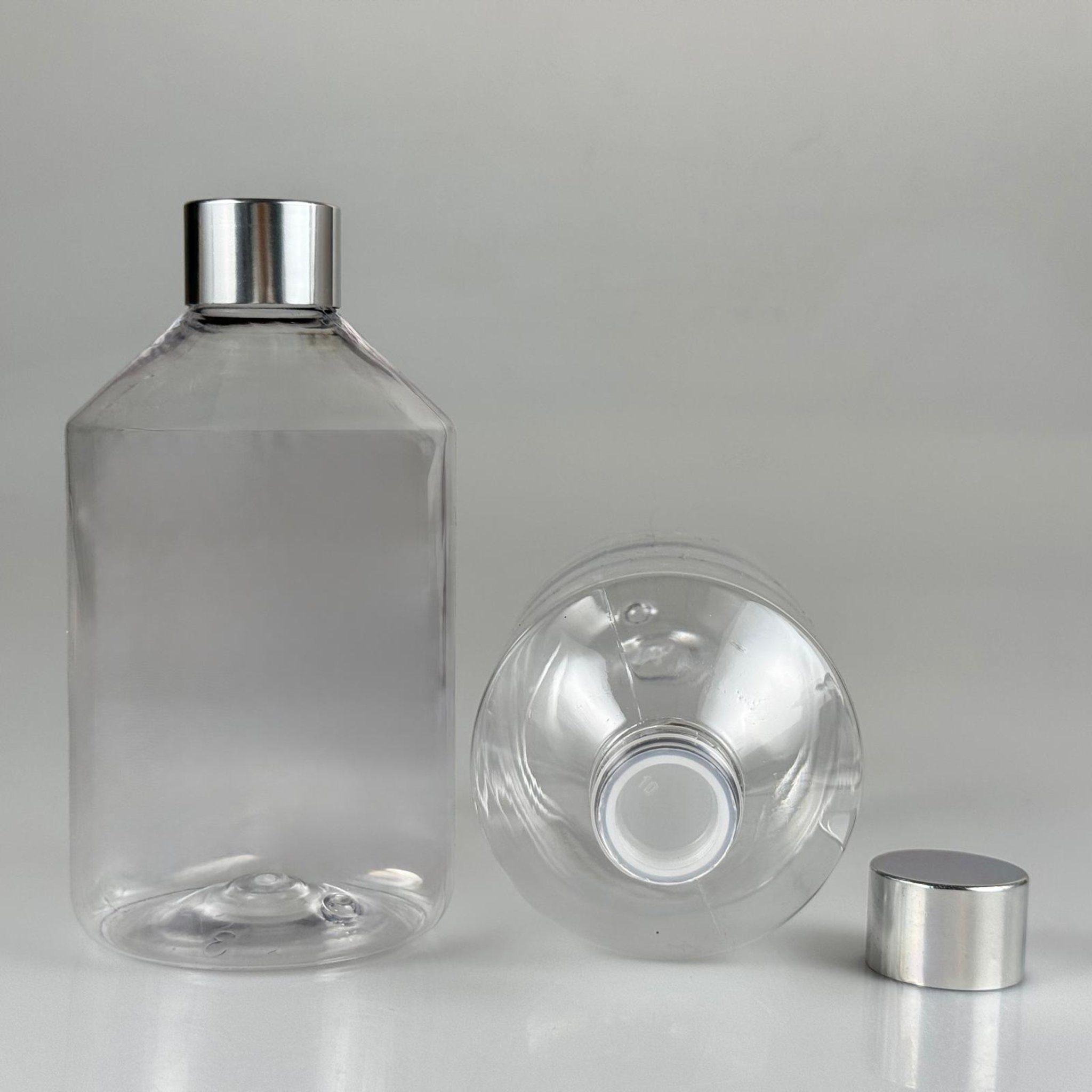 500 CC KÜT BOYUNLU ŞEFFAF PET ŞİŞE + ALÜMİNYUM KAPLAMALI GÜMÜŞ KAPAKLI + KÖR TIPALI TAKIM - 500 ML PET ŞİŞE