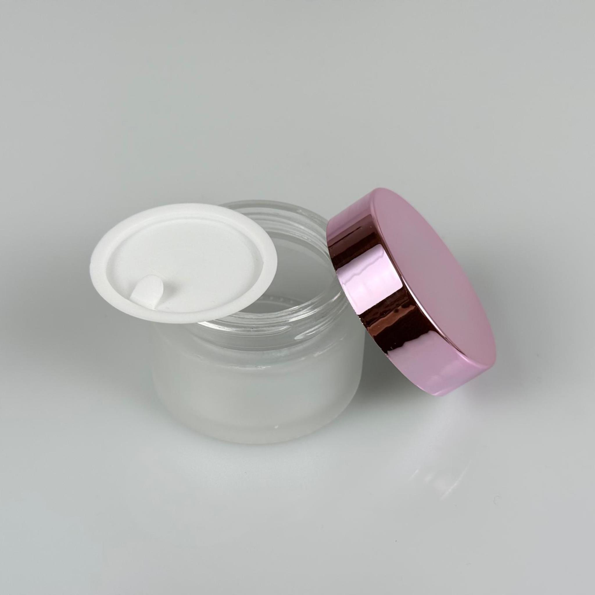 30 CC BUZLU CAM KREM KAVANOZU + ROSE KAPAK + İÇ TIPA - 30 ML Kozmetik ve Bakım Ürünleri İçin Cam Kavanozları