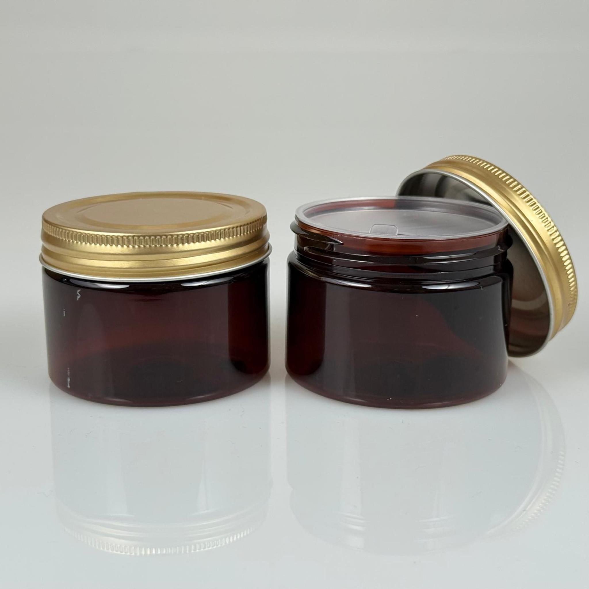 150 ML SERT PET KAVANOZ + GOLD METAL KAPAK + İÇ TIPA - 150 CC KALIN AMBER PLASTİK KAVANOZ GOLD METAL KAPAKLI İÇ TIPALI TAKIM - KREM KAVANOZLARI