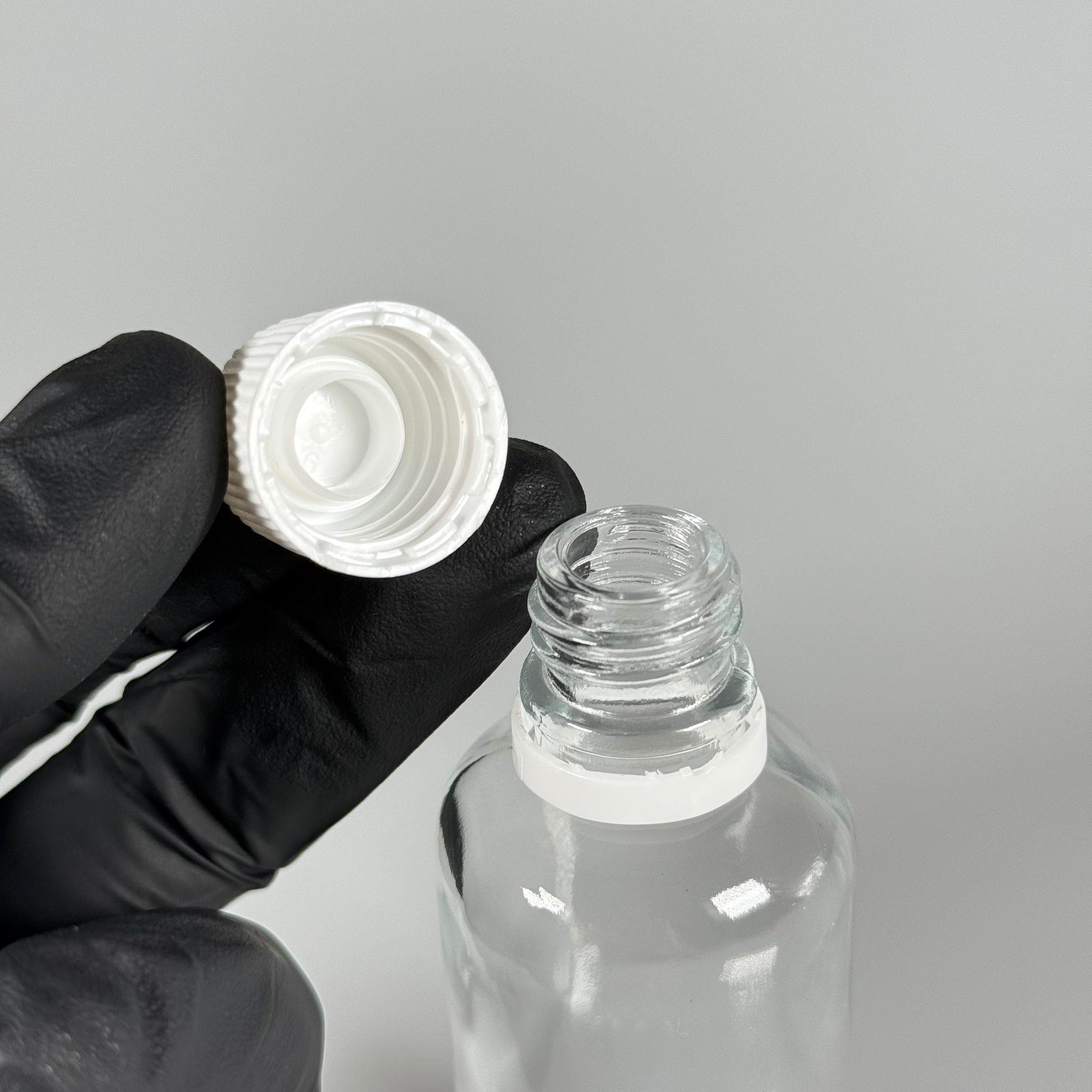 50 CC CAM ŞEFFAF KİLİTLİ, KENDİNDEN CONTALI BEYAZ KAPAKLI - 50 ML DAR AĞIZLI İLAÇ ŞİŞESİ