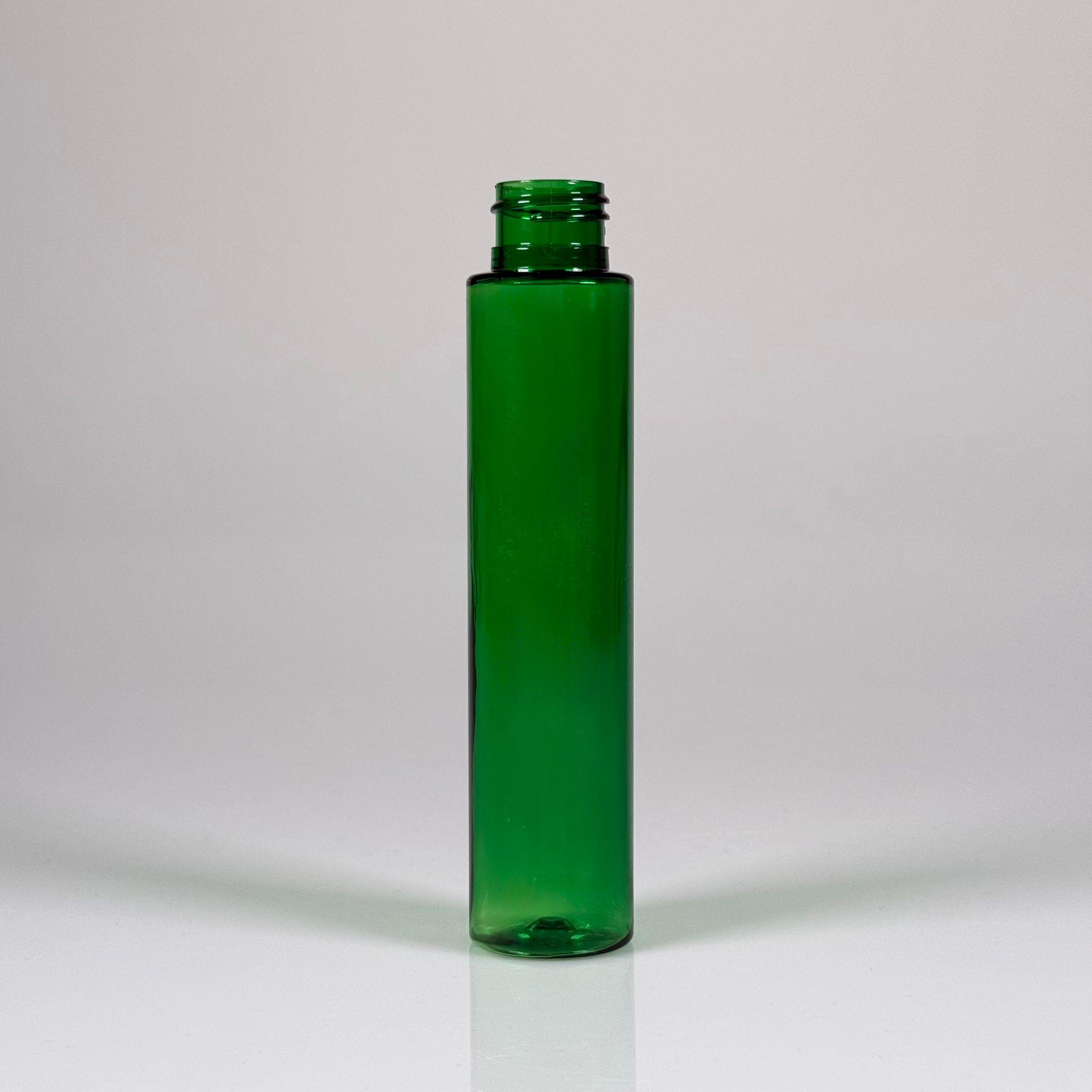 100 CC UZUN SİLİNDİR YEŞİL PET ŞİŞE (24 GR) - 24 MM AĞIZ KAPAKSIZ - 100 ML BİBERİYE SUYU, LAVANTA YAĞI, SAÇ SERUM, TONİK VB İÇİN PLASTİK KOZMETİK AMBALAJLARI