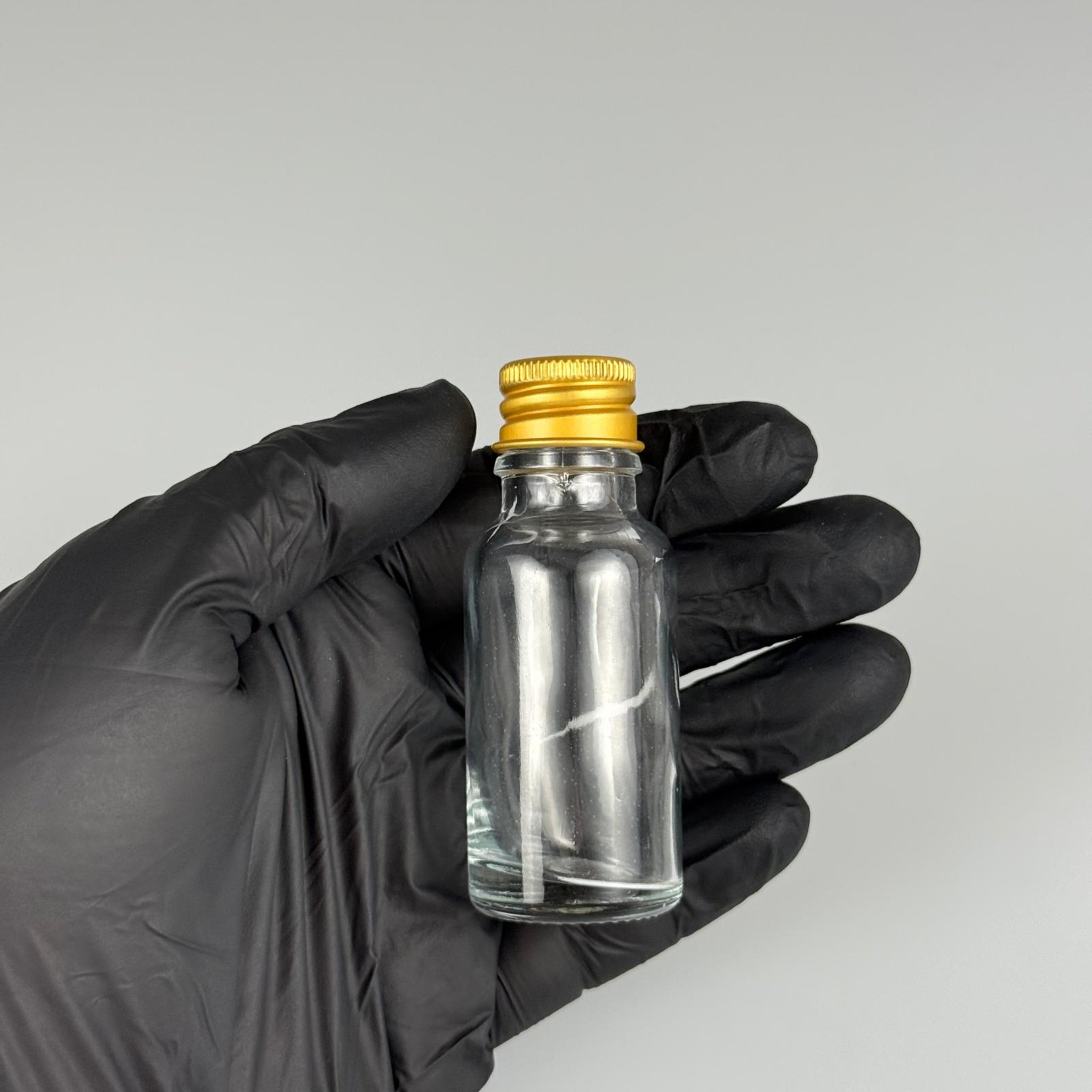 20 CC ŞEFFAF CAM ŞİŞE + KÖPÜK CONTALI GOLD ALÜMİNYUM METAL KAPAKLI + KÖR TIPALI TAKIM - 20 ML ŞEFFAF CAM ŞİŞE