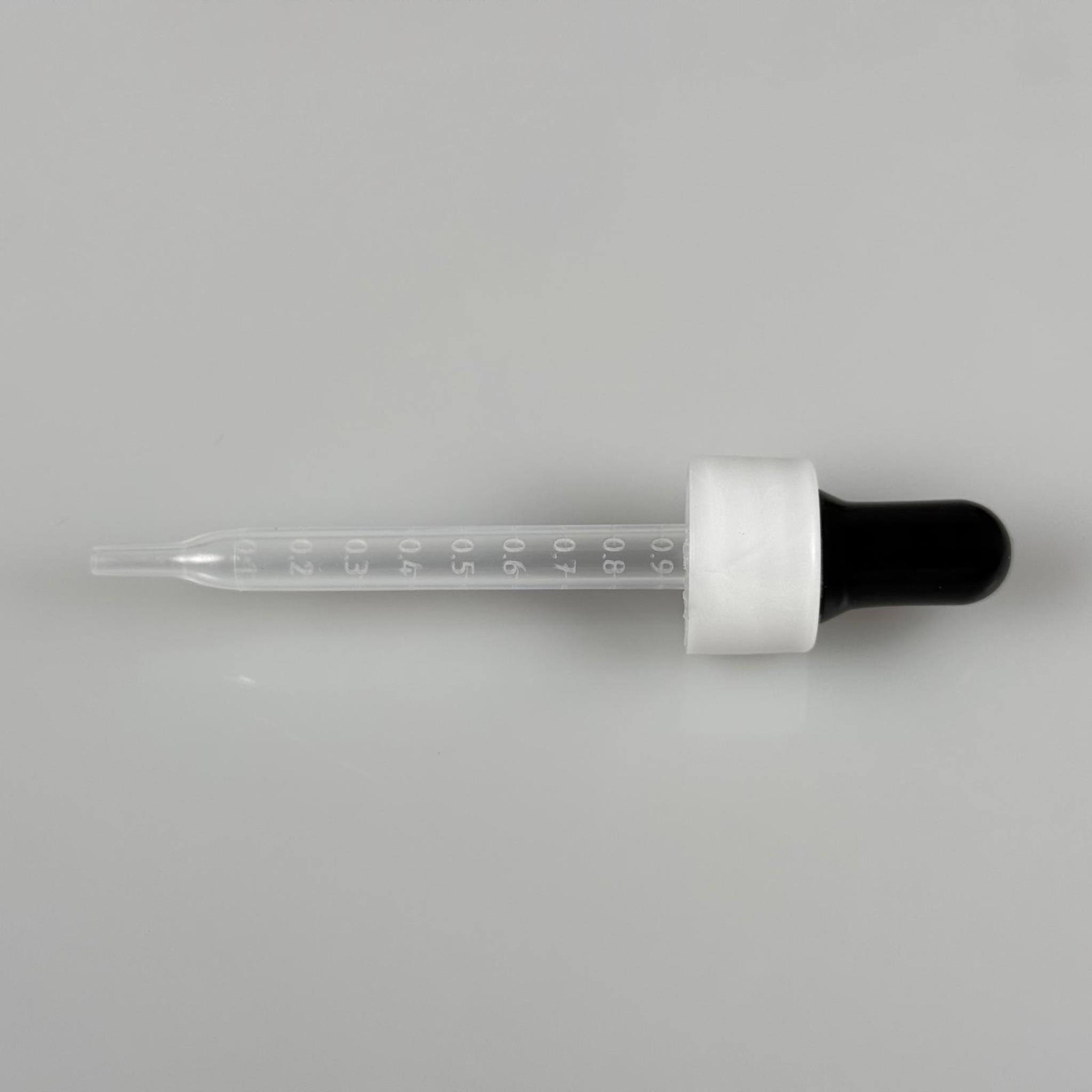 18 MM PLASTİK DAMLALIKLI TAKIM - SİYAH EMZİK +  DELİKLİ PLASTİK DÜZ BEYAZ KAPAK + 77 MM PLASTİK PİPET