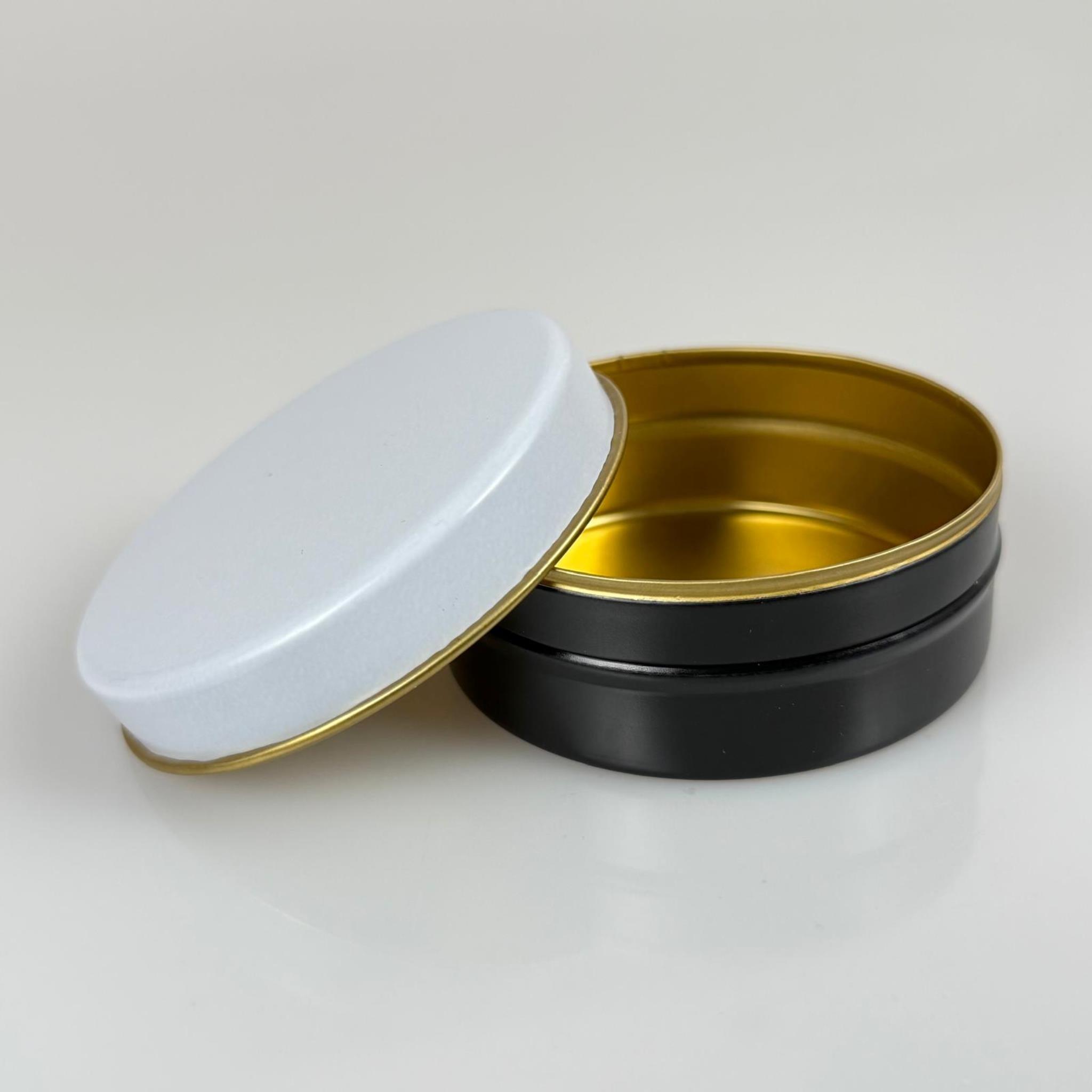 100 CC TENEKE KUTU - SİYAH - BEYAZ KAPAKLI - METAL AMBALAJ - MUM TENEKESİ 77 X 28 MM