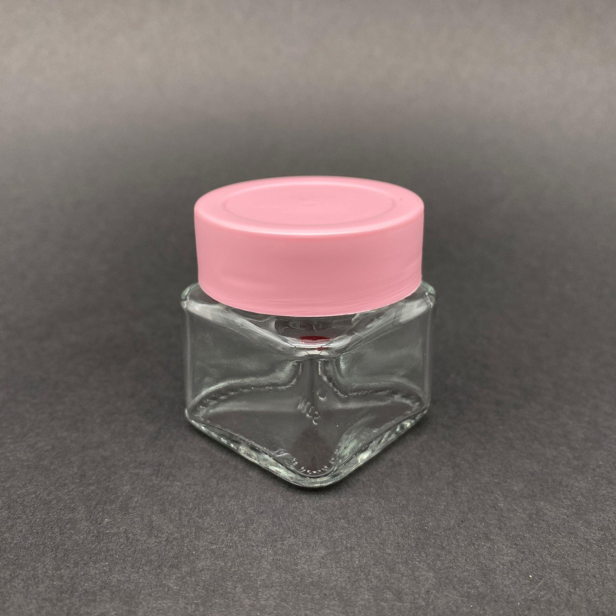 40 CC KARE KAVANOZ - PEMBE PLASTİK KAPAKLI - 40 ML KÖŞELİ TİP CAM KAVANOZ