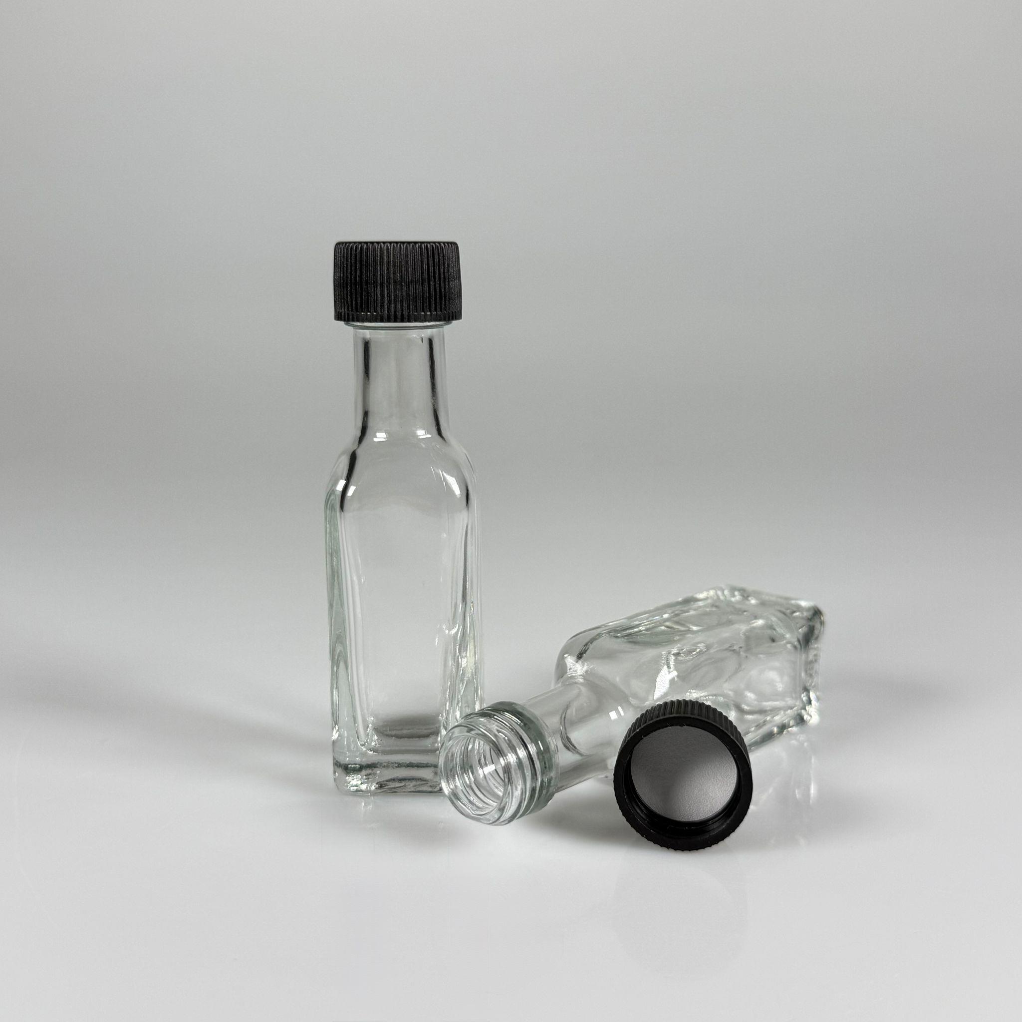 20 CC MARASKA KÖŞELİ CAM ŞİŞE - SİYAH PLASTİK KAPAKLI - 20 ML KAPAKLI CAM ŞİŞE