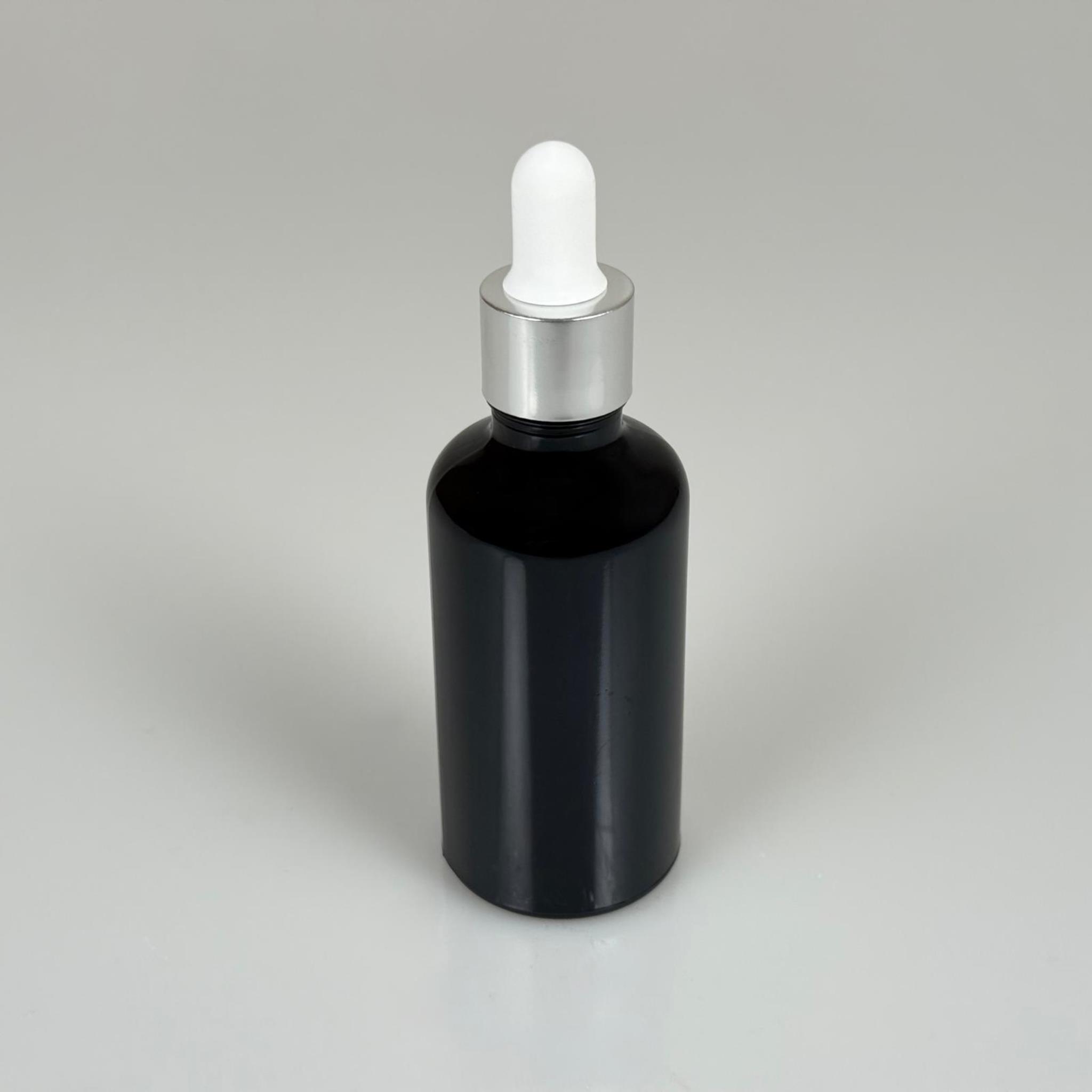 50 CC SİYAH CAM DAMLALIKLI ŞİŞE - BEYAZ EMZİK - GÜMÜŞ METALİK KAPAK - 50 ML SİYAH CAM DAMLALIKLI ŞİŞE