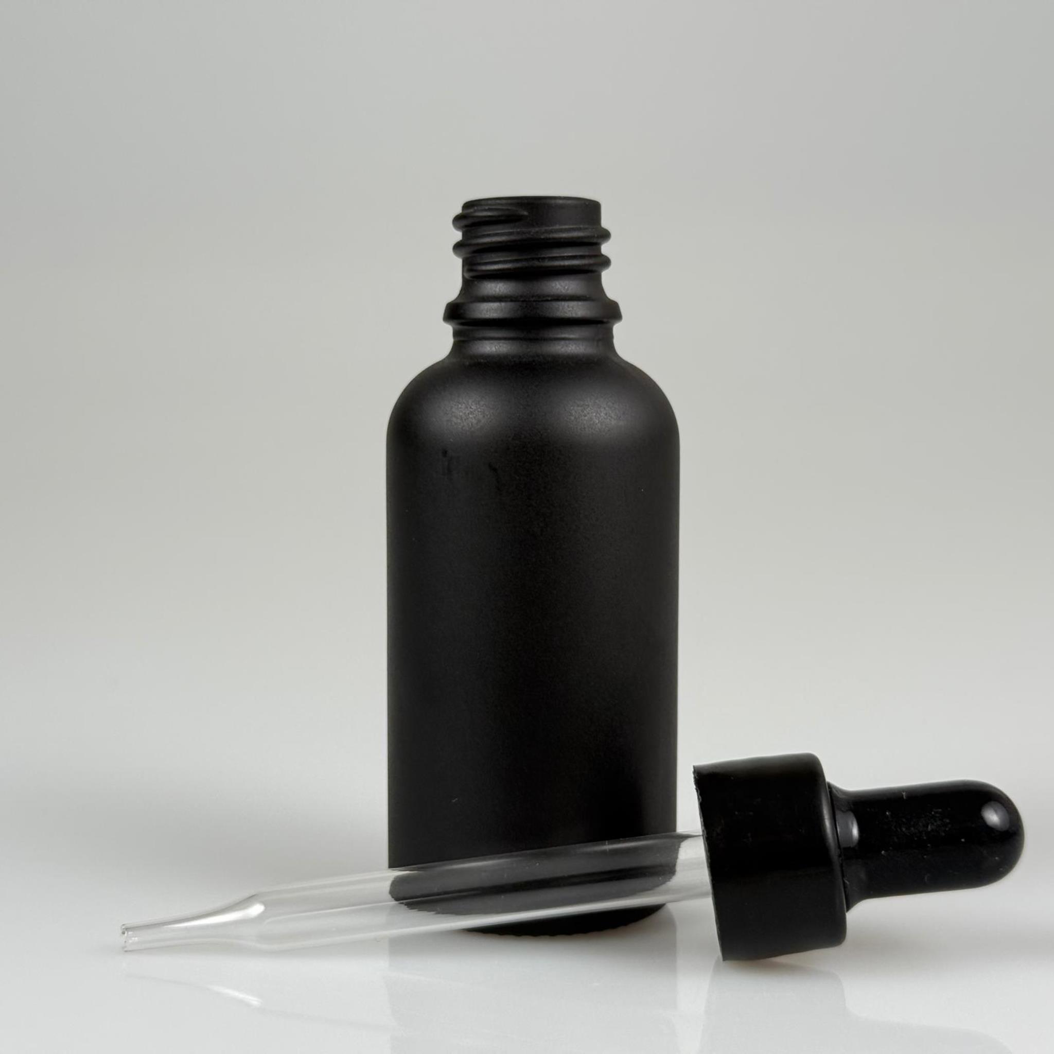 30 CC MAT SİYAH İNCE UÇLU CAM DAMLALIKLI ŞİŞE - SİYAH EMZİK + SİYAH DÜZ KAPAK + CAM PİPET TAKIM - 30 ML MAT SİYAH İNCE UÇLU DAMLALIKLI ŞİŞE SETİ