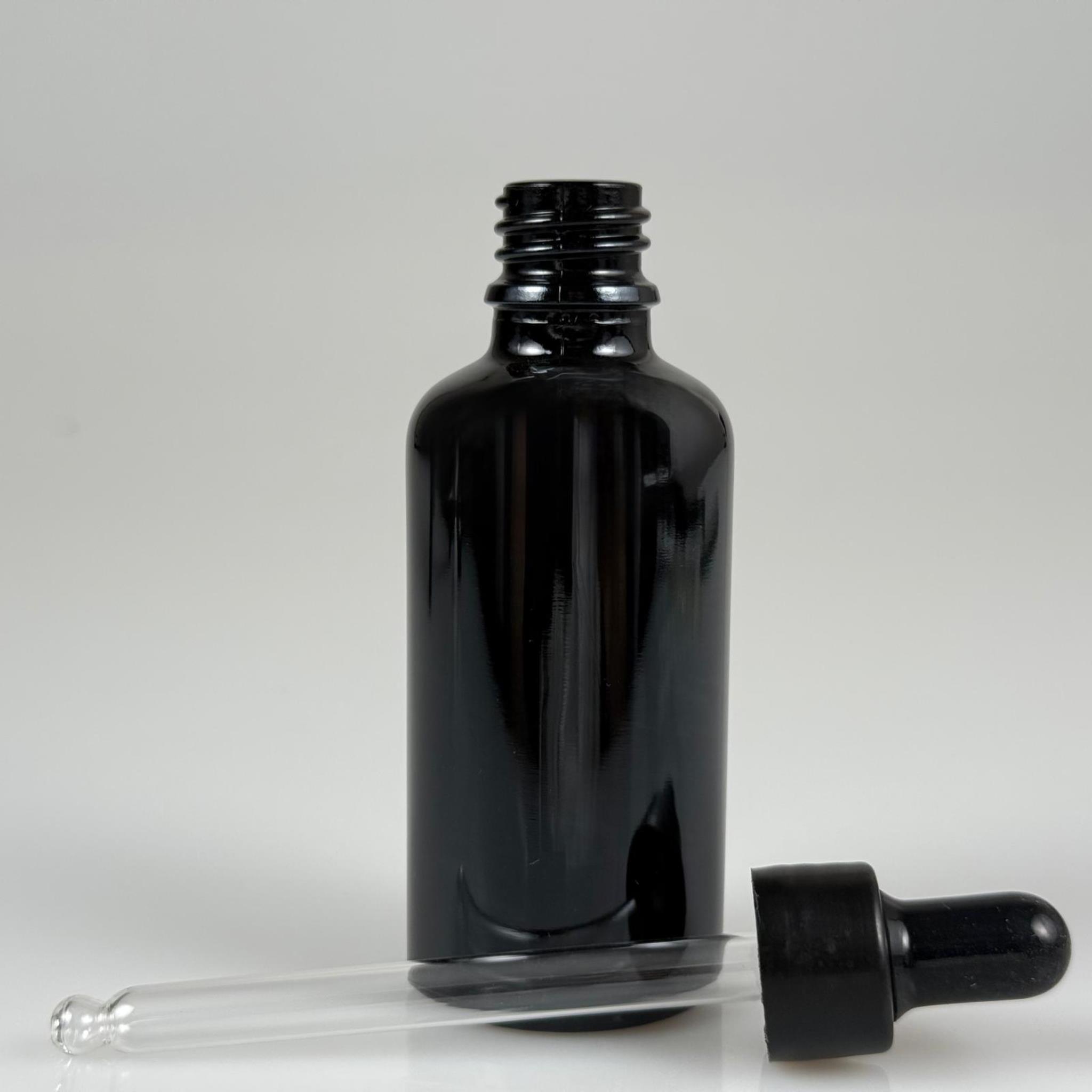 50 CC PARLAK SİYAH CAM DAMLALIKLI ŞİŞE - SİYAH EMZİK + SİYAH DÜZ KAPAK + CAM PİPET TAKIM - 50 ML PARLAK SİYAH DAMLALIKLI ŞİŞE SETİ