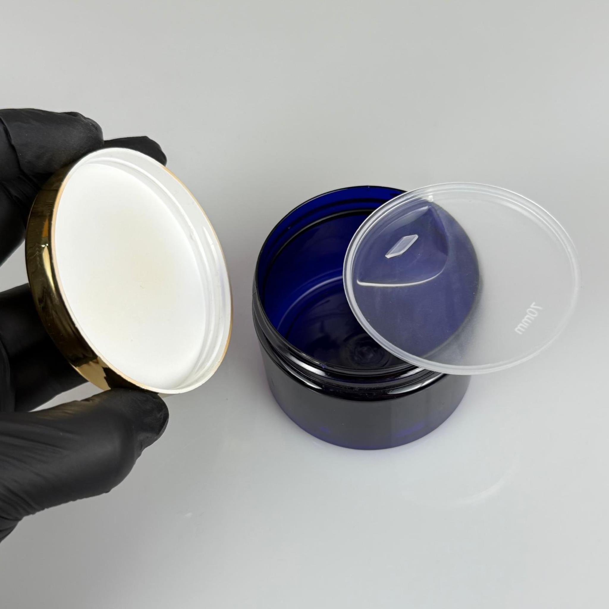 150 ML SERT PET KAVANOZ + GOLD KAPLAMALI PLASTİK KAPAK + İÇ TIPA - 150 CC KALIN MAVİ PLASTİK KAVANOZ GOLD KAPLAMALI PLASTİK KAPAKLI İÇ TIPALI TAKIM - KREM KAVANOZLARI