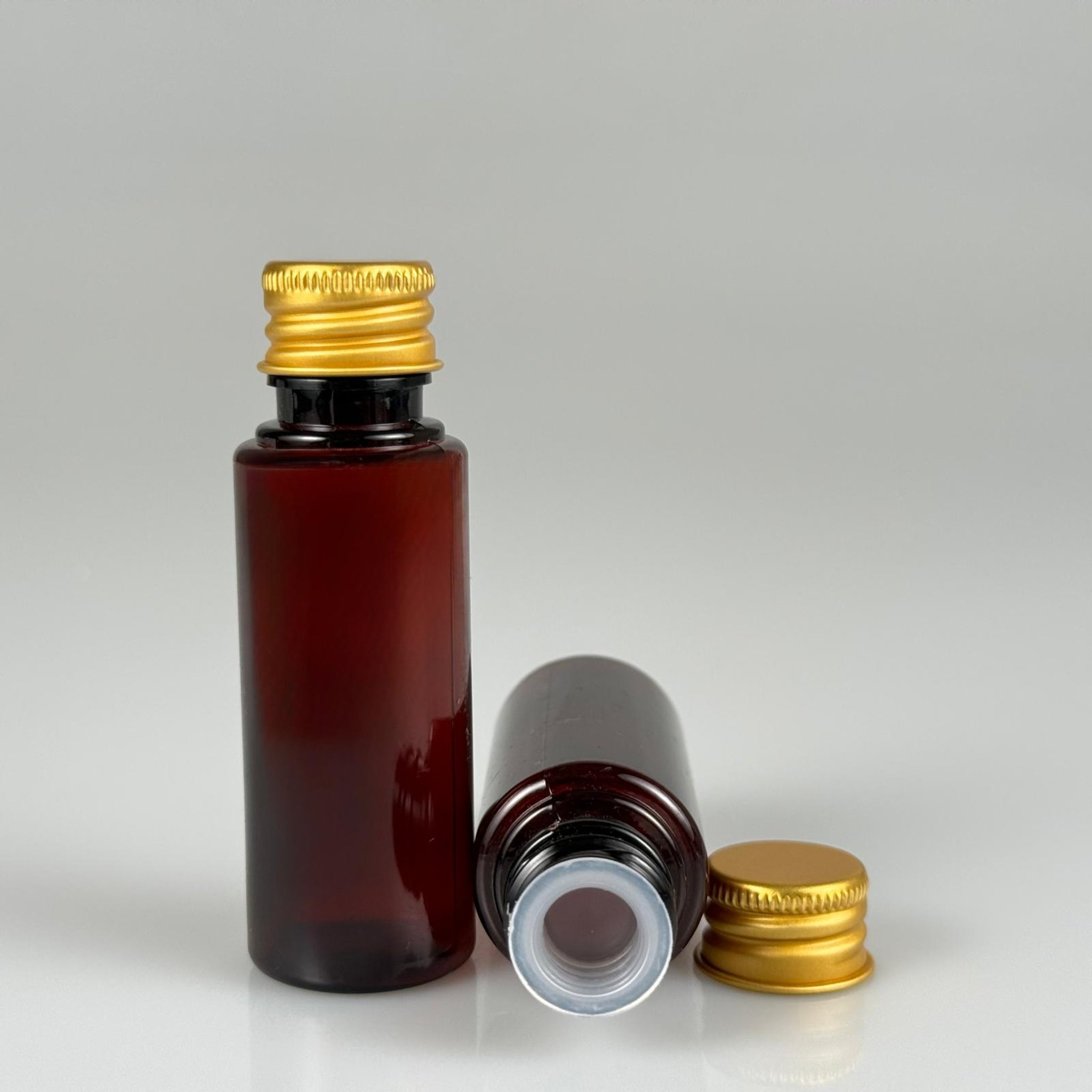 30 CC PET AMBER SHOT ŞİŞE - KÖPÜK CONTALI GOLD ALÜMİNYUM METAL KAPAKLI + KÖR TIPALITAKIM - 30 ML KAHVERENGİ PLASTİK ŞİŞE