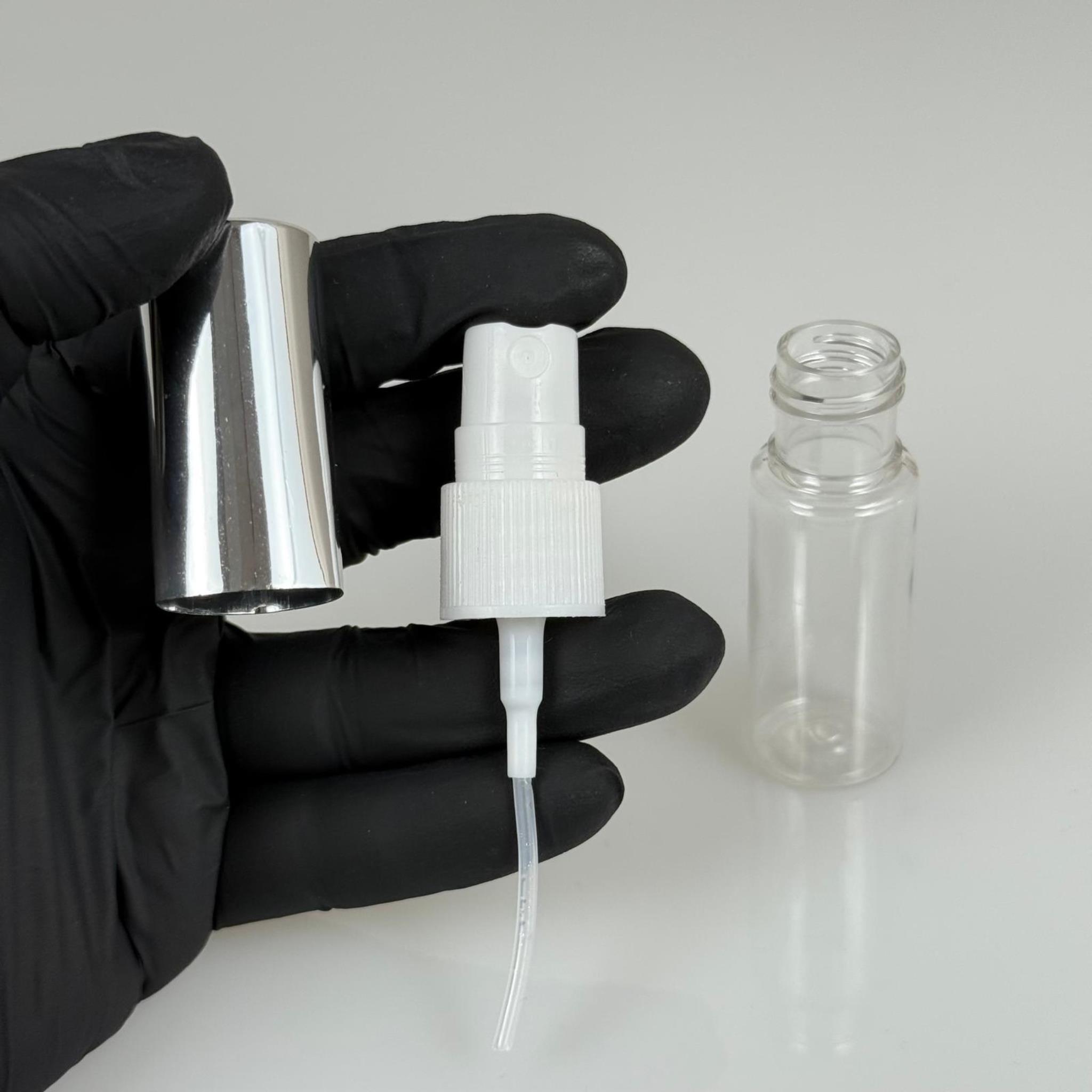 15 ML PET KOLONYA, PARFÜM VB ŞİŞELERİ - METAL ALÜMİNYUM GÜMÜŞ KAPAK + VİDALI SPREY + 15 CC ŞİŞE SET TAKIM