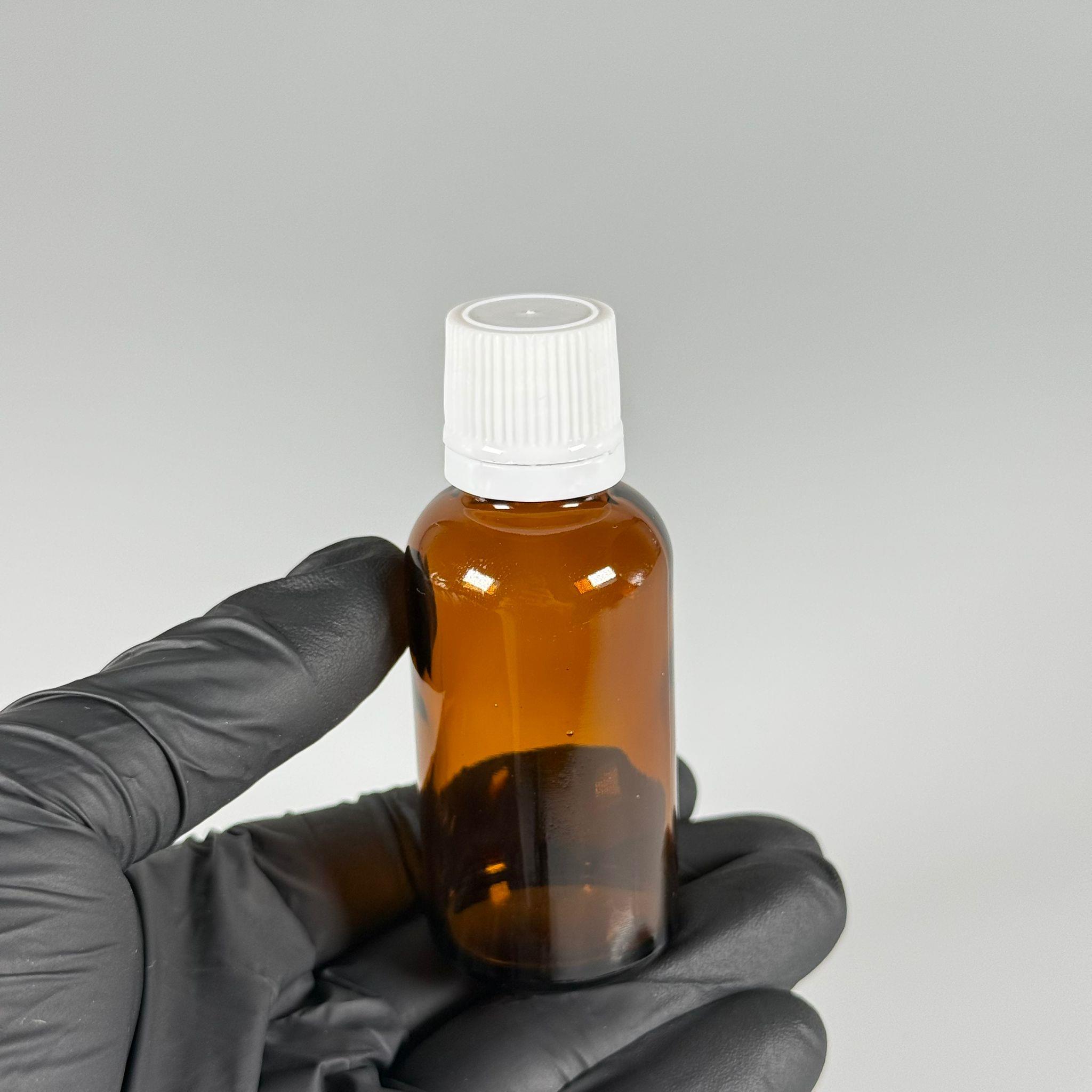 30 CC CAM AMBER KAHVERENGİ KİLİTLİ, KENDİNDEN CONTALI BEYAZ KAPAKLI - 30 ML DAR AĞIZLI İLAÇ ŞİŞESİ