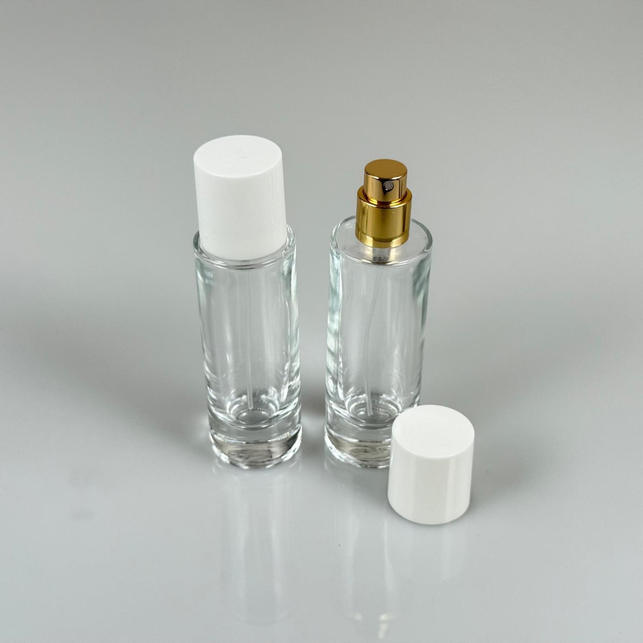 30 ML SİLİNDİR UZUN MODEL PARFÜM ŞİŞESİ - GOLD METAL SPREYLİ + BEYAZ PLASTİK KAPAKLI (AĞIZ 15 MM GEÇME KOLAY KAPAMA)