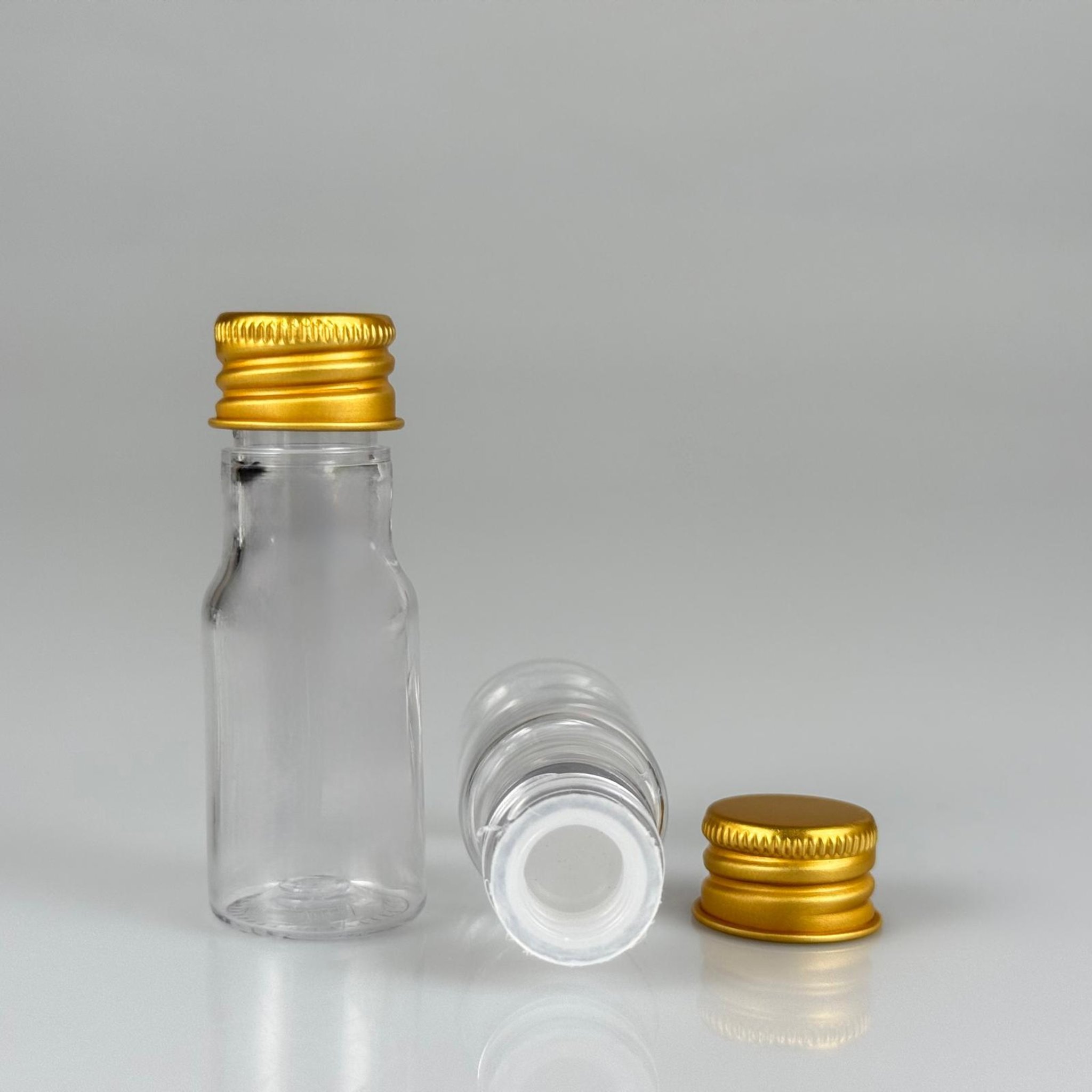 10 CC ŞEFFAF PET ŞİŞE + KÖPÜK CONTALI GOLD ALÜMİNYUM METAL KAPAKLI + KÖR TIPALI TAKIM - 10 ML PLASTİK ŞİŞE (SİLME 15 CC)