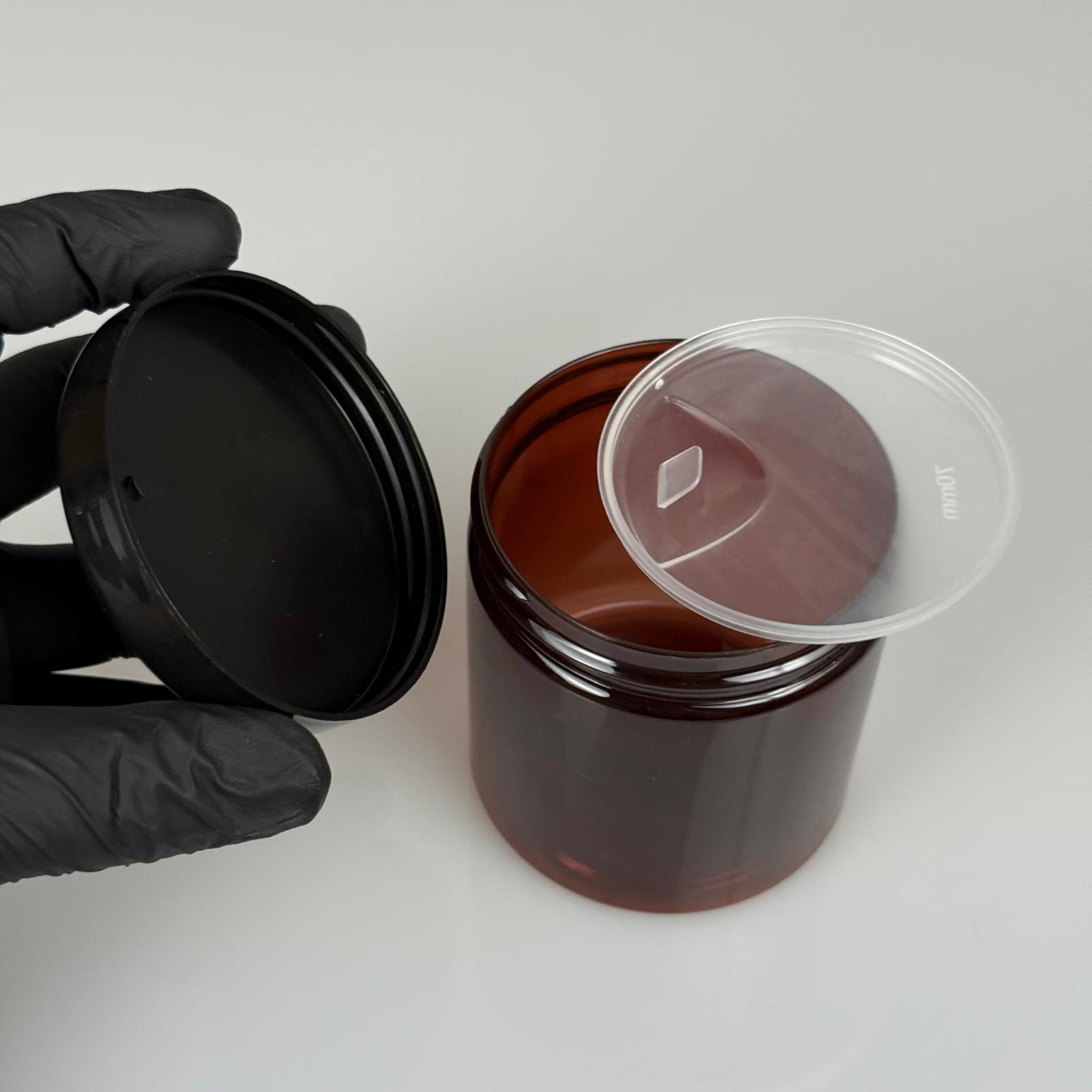 250 ML SERT PET KAVANOZ + SİYAH PLASTİK KAPAK + İÇ TIPA - 250 CC KALIN AMBER PLASTİK KAVANOZ SİYAH PLASTİK KAPAKLI İÇ TIPALI TAKIM - KREM KAVANOZLARI