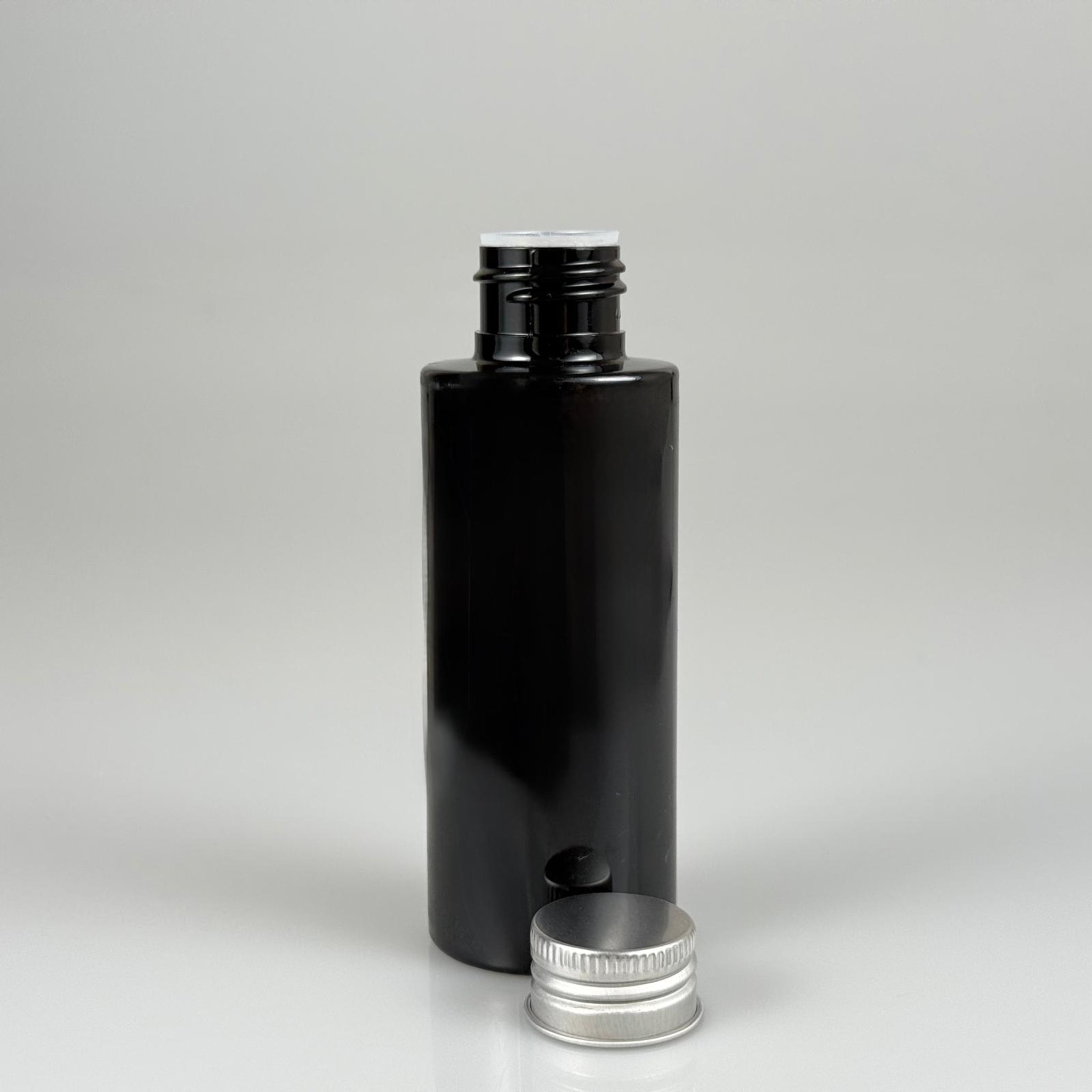 100 CC SİYAH SİLİNDİR KESKİN KÜT MODEL SERT PET ŞİŞE ( 17 GR - 24 AĞIZ ) + KÖPÜK CONTALI GÜMÜŞ METAL ALÜMİNYUM KAPAK + KOLONYA TIPALI TAKIM - 100 ML KAPAKLI SİYAH PLASTİK ŞİŞELER