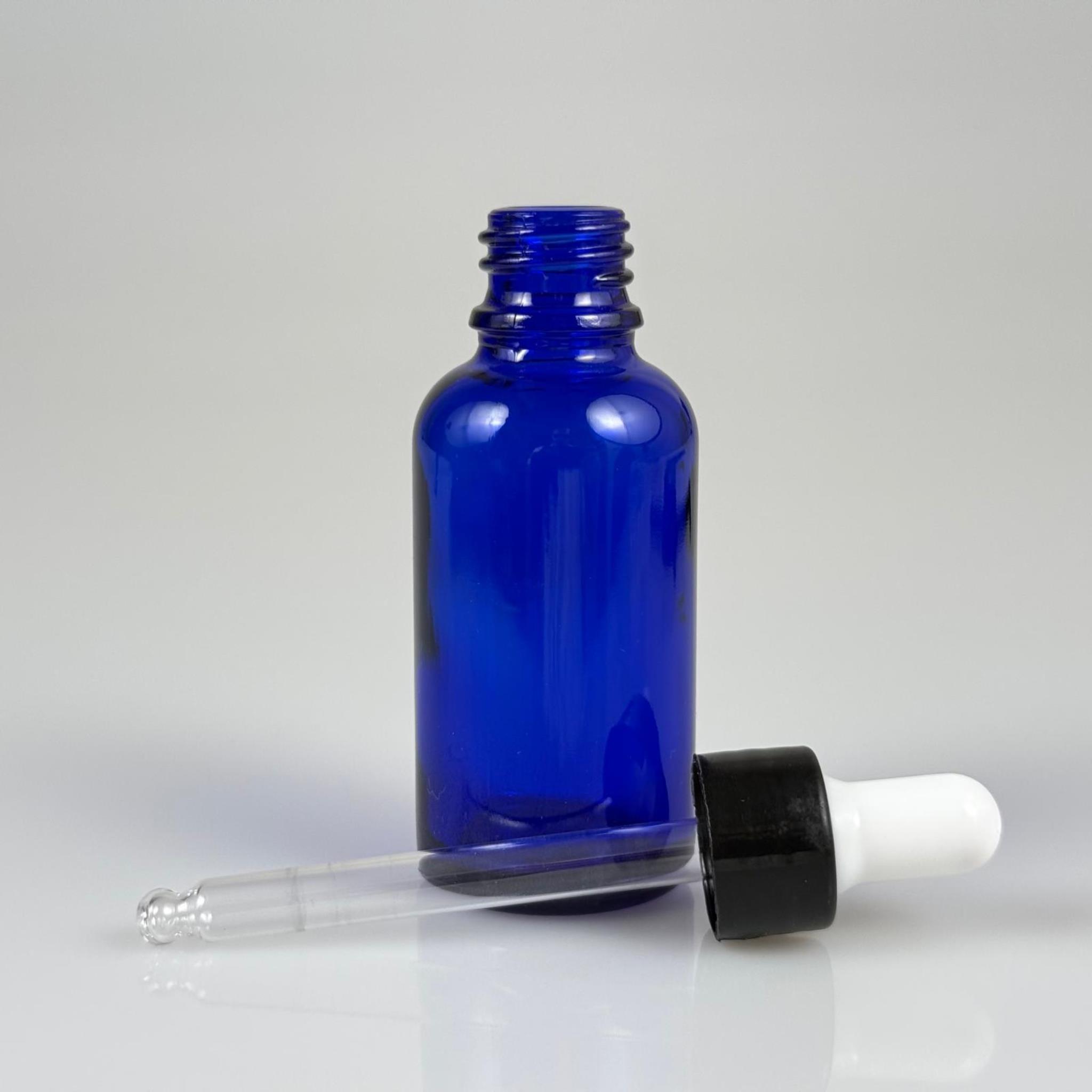 30 CC MAVİ CAM DAMLALIKLI ŞİŞE - BEYAZ EMZİK + SİYAH DÜZ KAPAK + CAM PİPET TAKIM - 30 ML DAMLALIKLI ŞİŞE SETİ